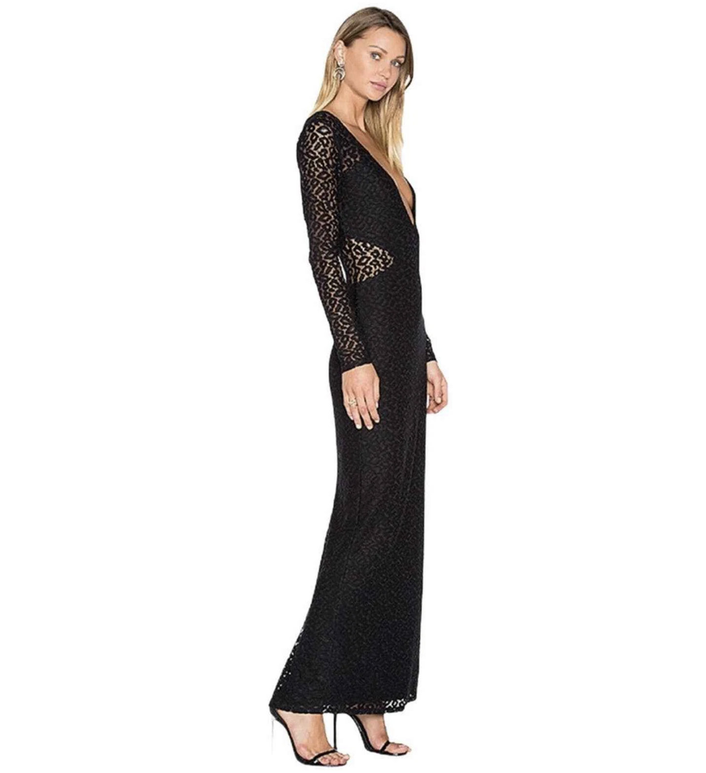 House of Harlow x Revolve Black Plunge V Neck Leopard Mesh Cutout Maxi Dress S