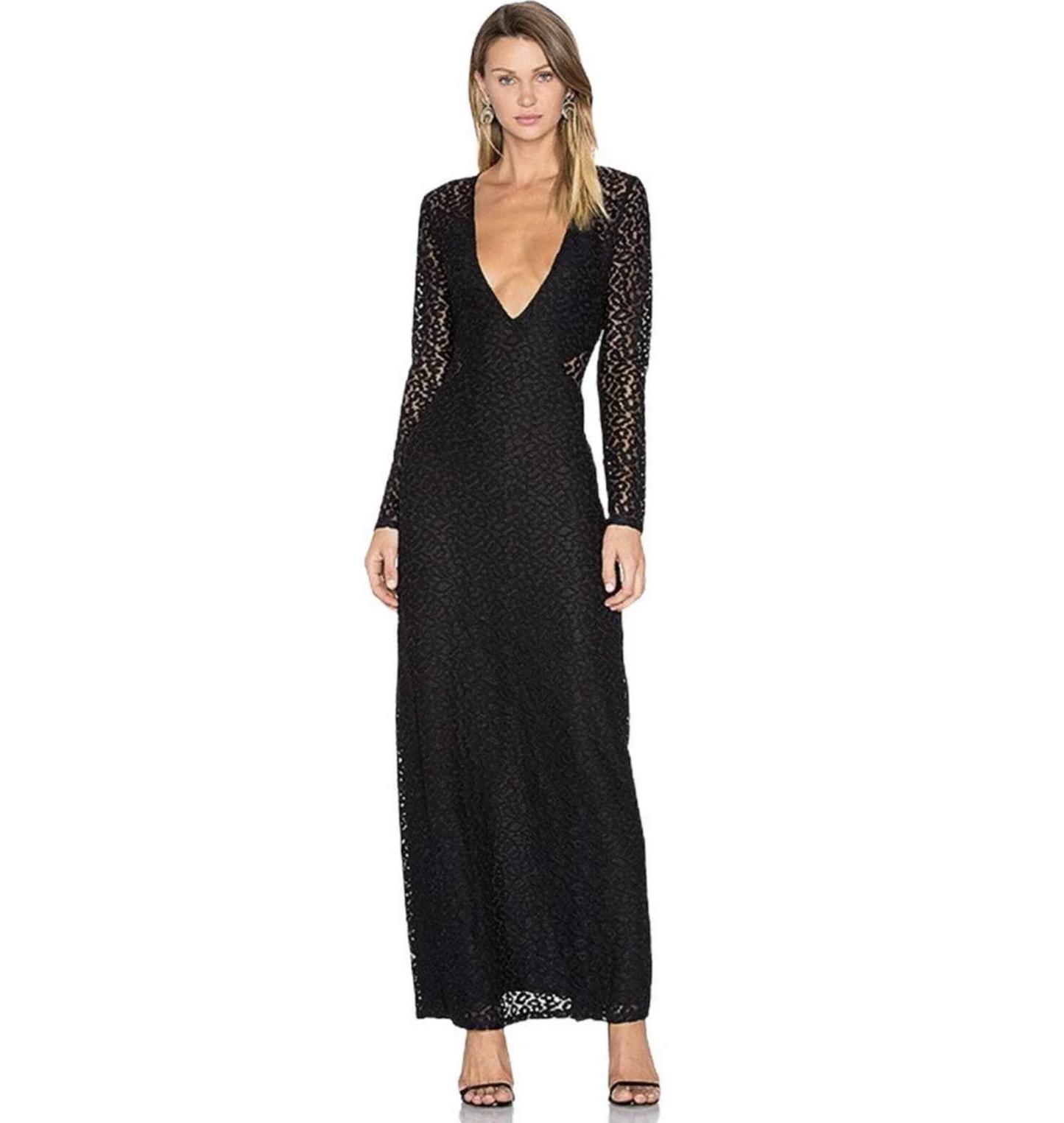 House of Harlow x Revolve Black Plunge V Neck Leopard Mesh Cutout Maxi Dress S