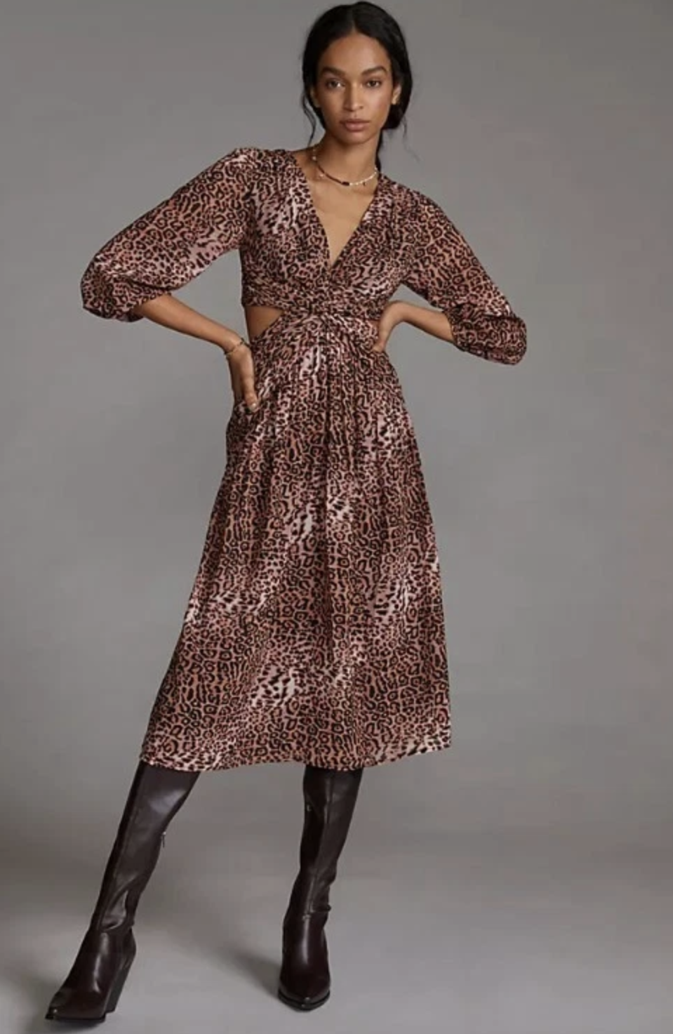 Ranna Gill Anthropologie Leopard Print Cutout Side Midi Maxi Dress Size S