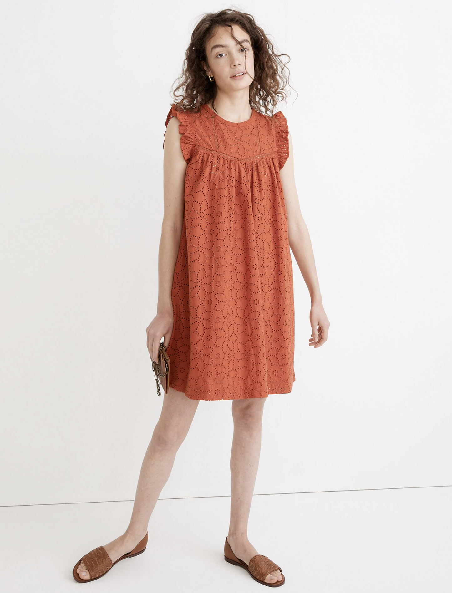 Madewell Burnt Orange Floral Ruffle Sleeve Eyelet Swing Shift Mini Dress Size S