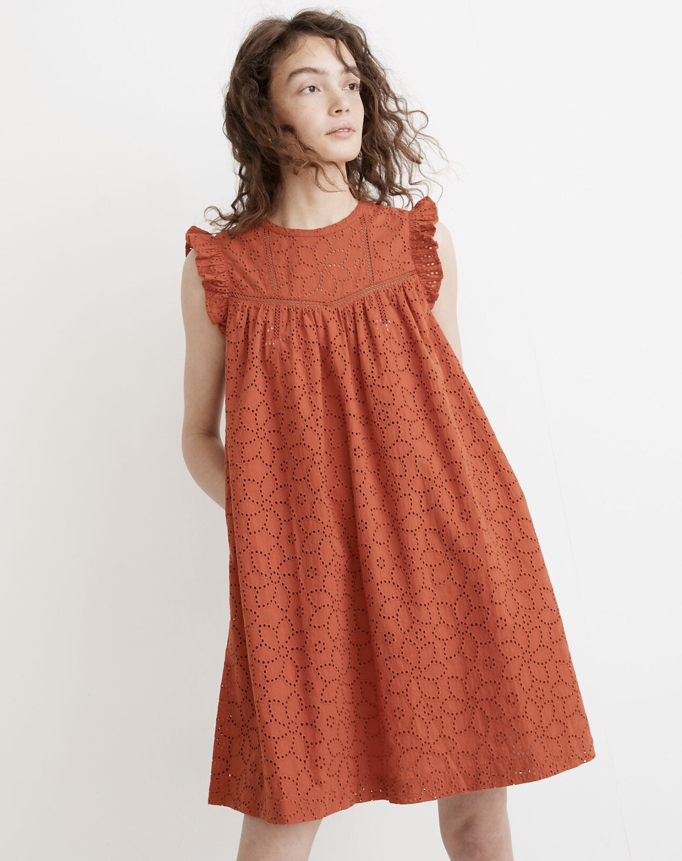 Madewell Burnt Orange Floral Ruffle Sleeve Eyelet Swing Shift Mini Dress Size S