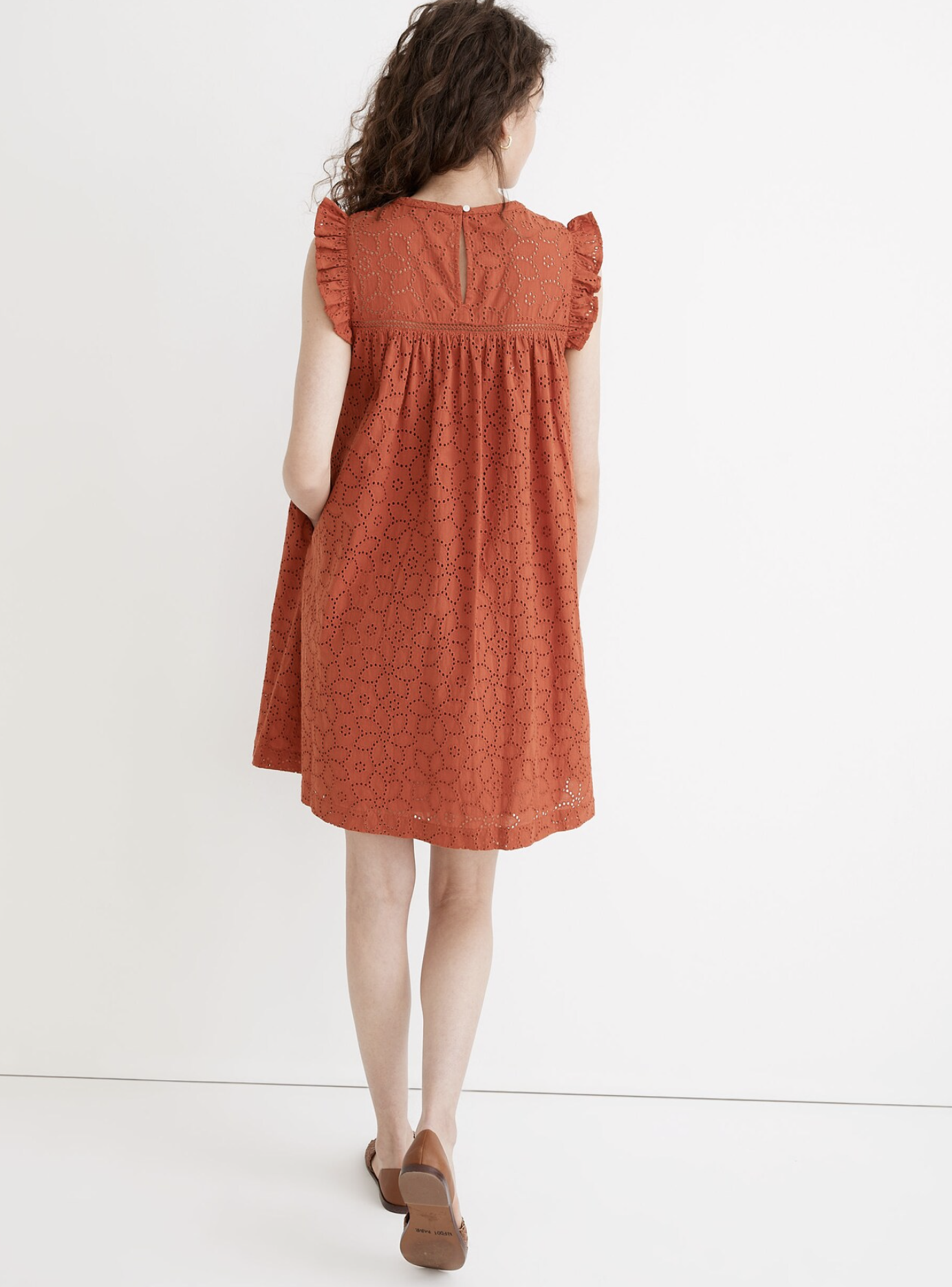 Madewell Burnt Orange Floral Ruffle Sleeve Eyelet Swing Shift Mini Dress Size S