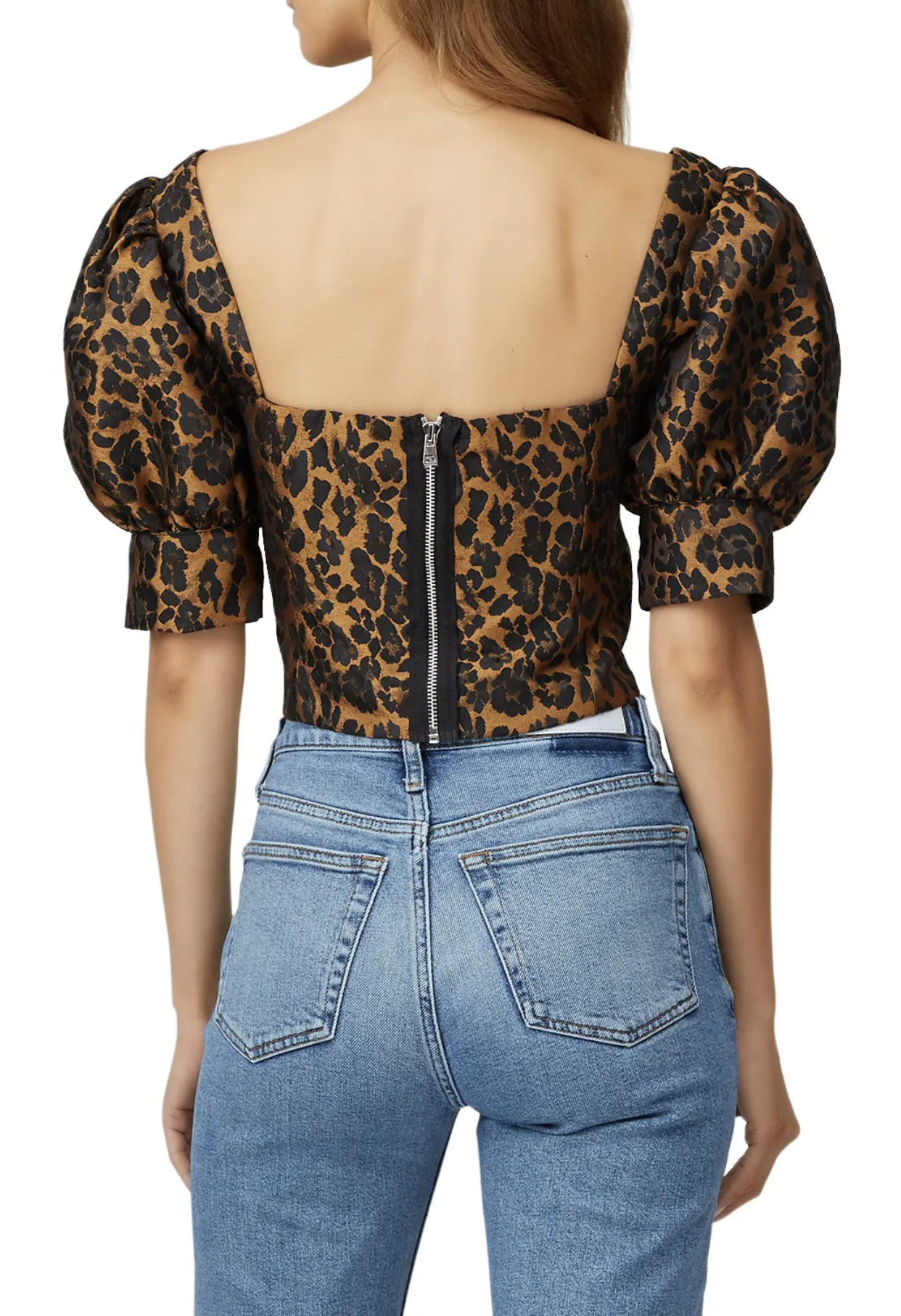For Love and Lemons Jett Leopard Print Bustier Corset Top Puff Sleeve Size M