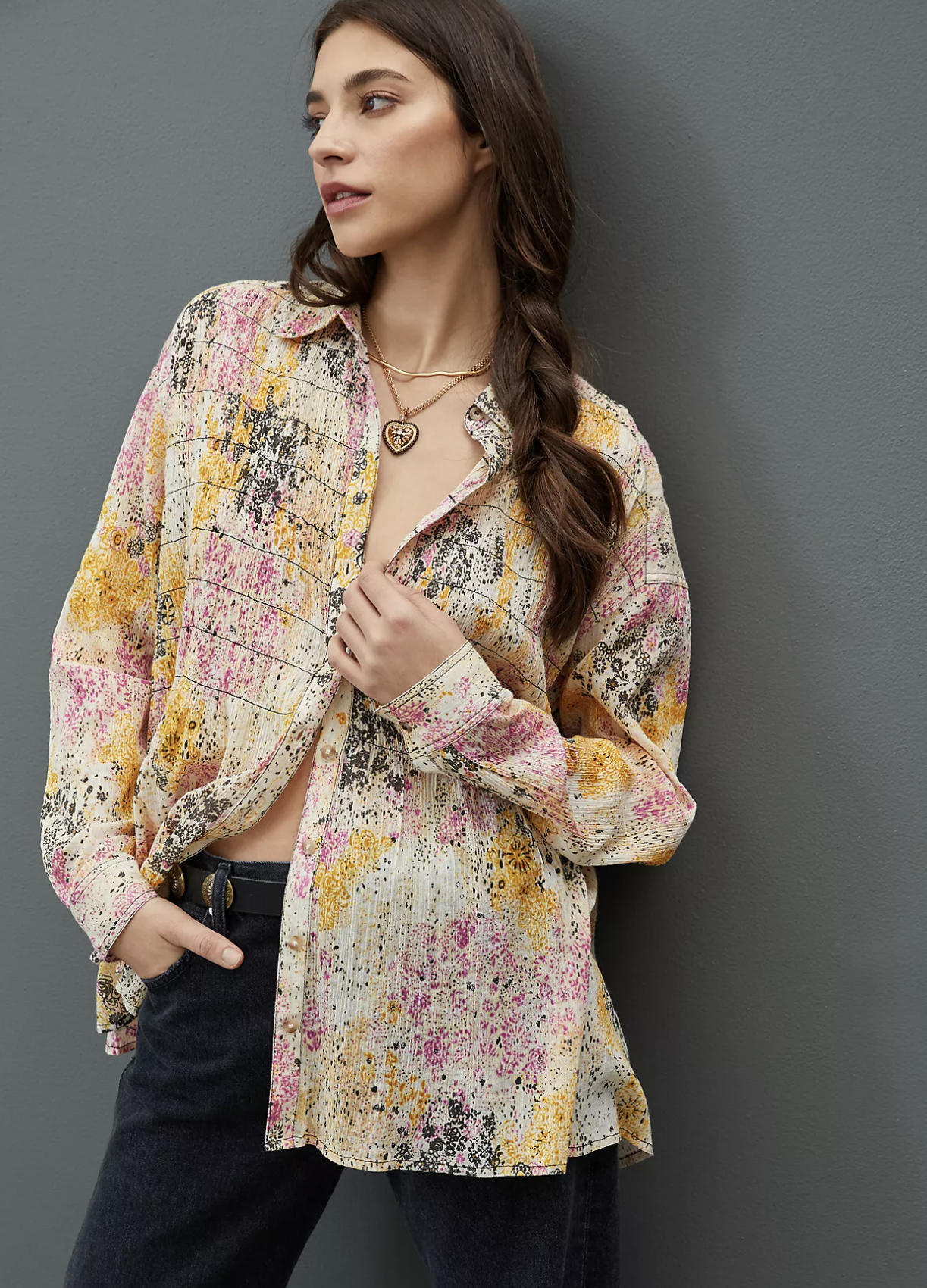 Pilcro Anthropologie Abstract Print Smocked Button Front Shirt Blouse Yellow XS