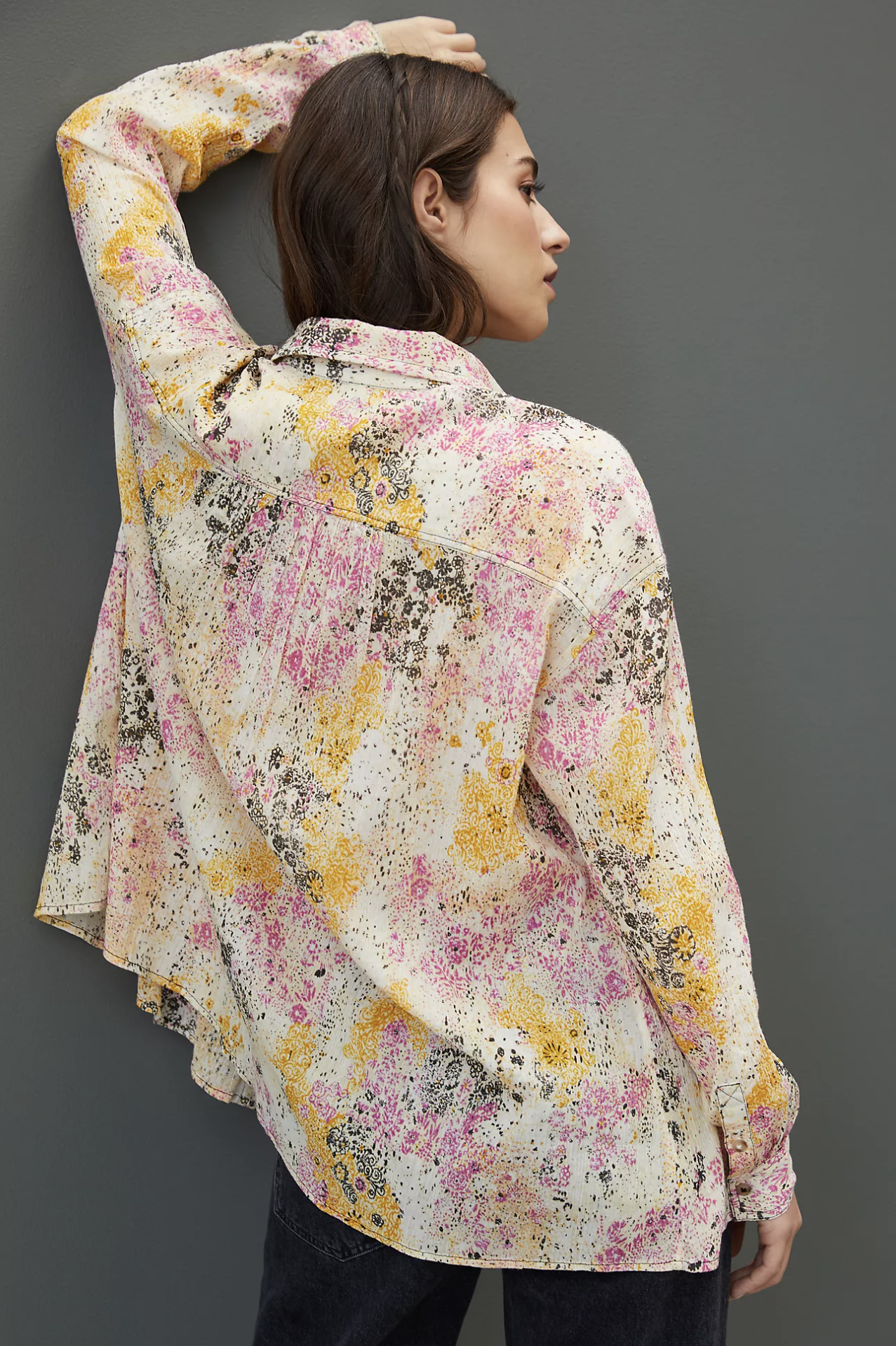 Pilcro Anthropologie Abstract Print Smocked Button Front Shirt Blouse Yellow XS