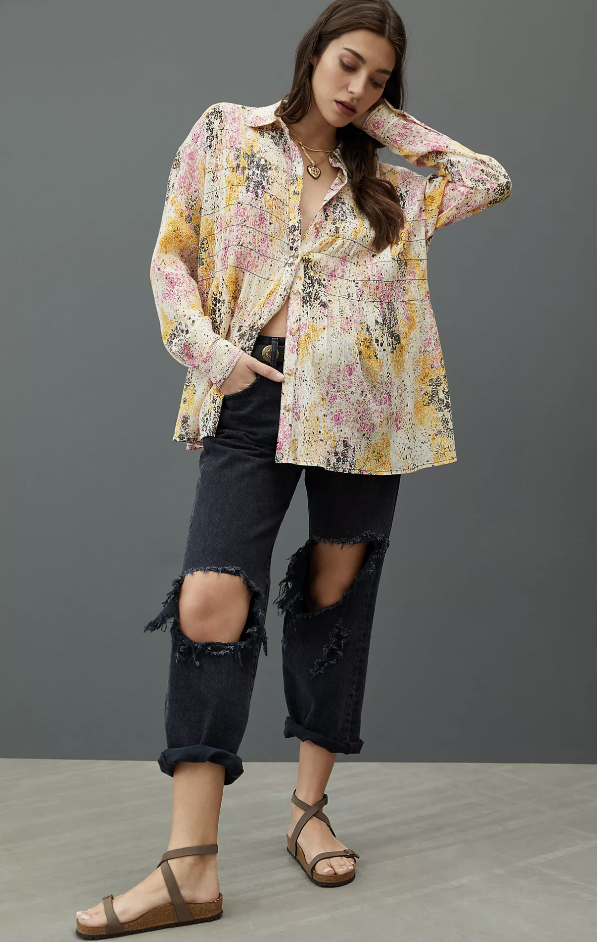 Pilcro Anthropologie Abstract Print Smocked Button Front Shirt Blouse Yellow XS