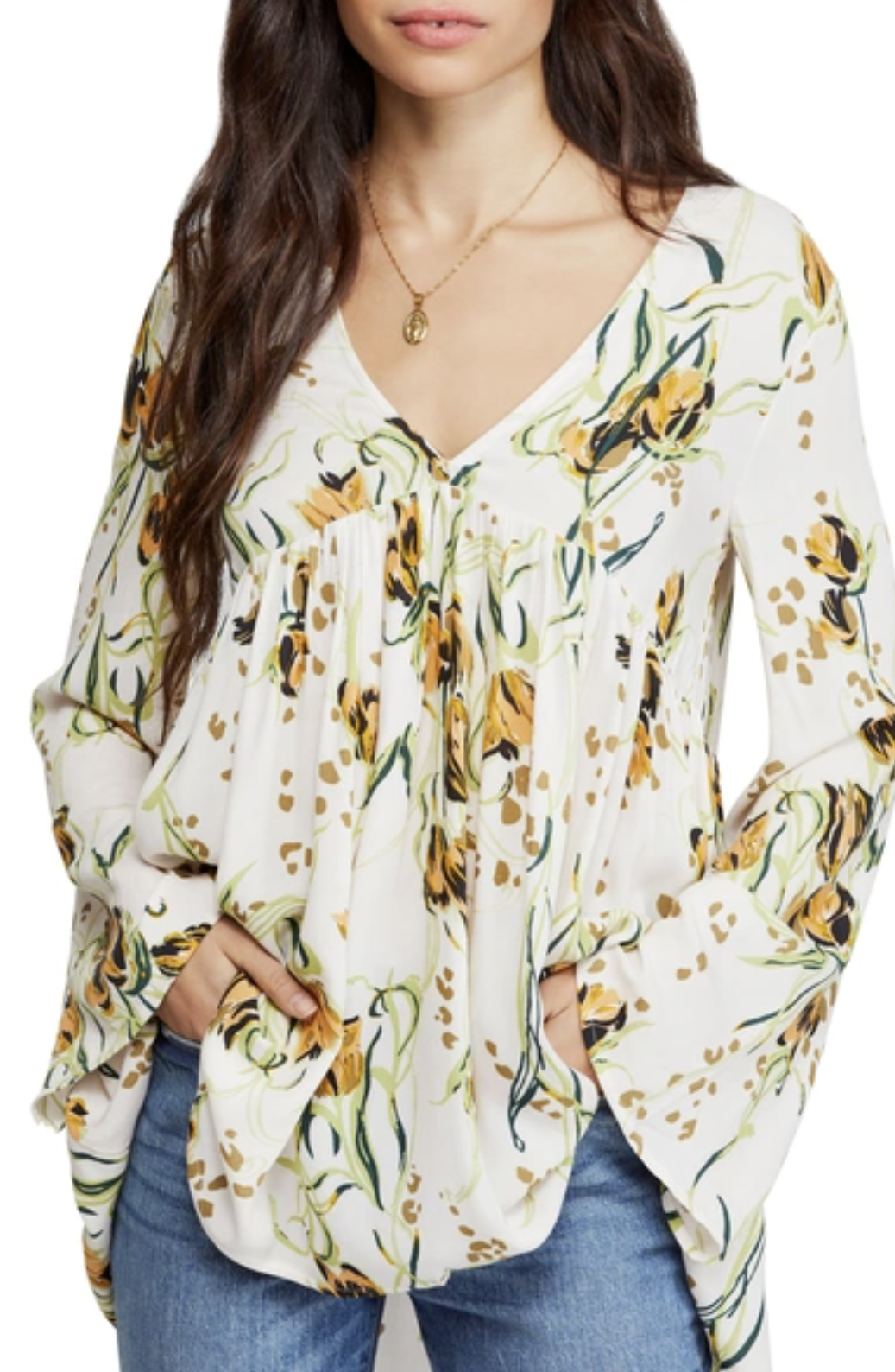Free People Bella Cream Floral V Neck Long Sleeve Tunic Top Blouse Size XS Boho