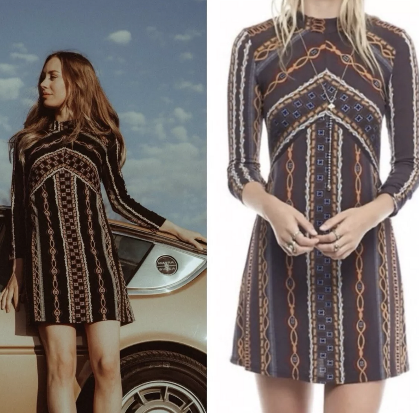 Free People Stella Black Mock Neck Retro Mini Dress Size M A Line 70s Inspired