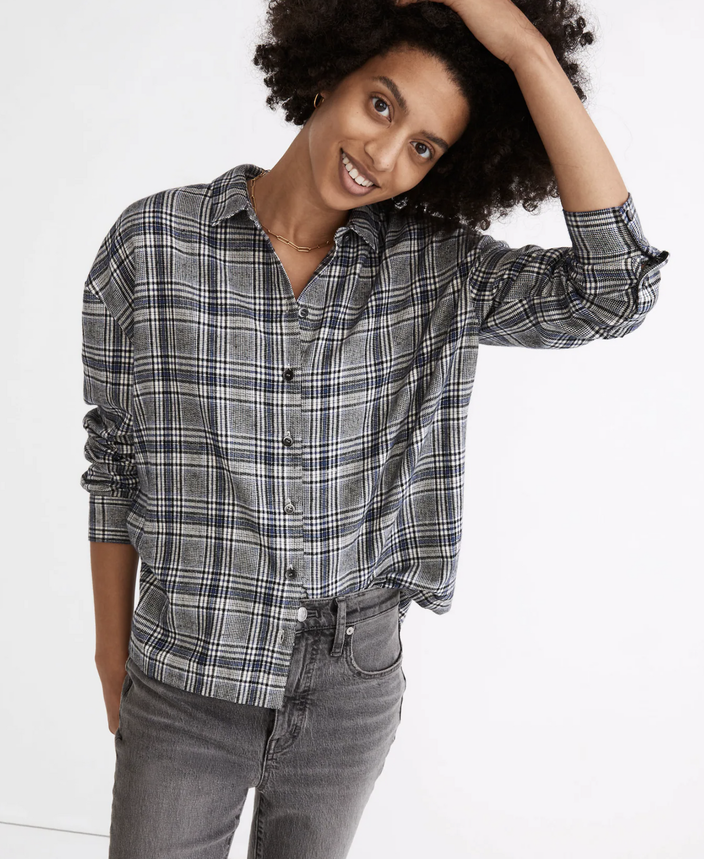 Madewell Flannel Westlake Dublin Plaid Button Front Shirt Sz XS Black White Blue