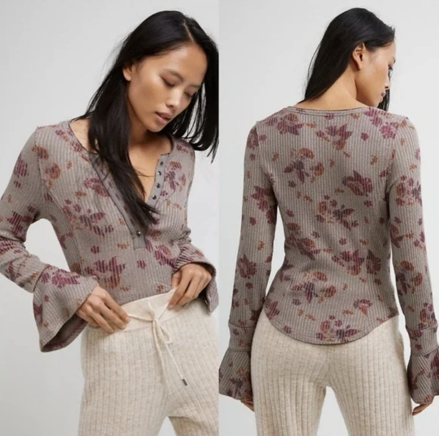 Free People Layer Me Gray Floral Ribbed Bell Sleeve Henley Top Blouse Size XS