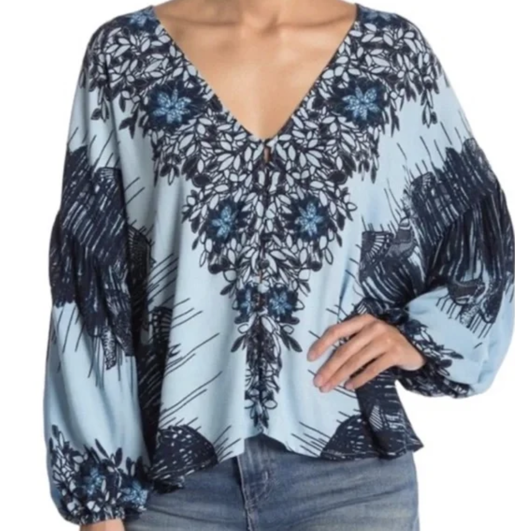 Free People Birds of a Feather Blue Floral V Neck Top Blouse Size XS Boho
