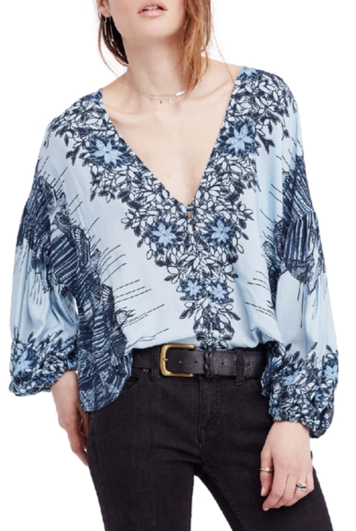 Free People Birds of a Feather Blue Floral V Neck Top Blouse Size XS Boho