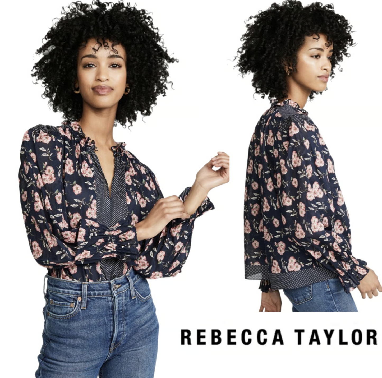 Rebecca Taylor La Vie Navy Blue Vintage Floral Polka Dot Peasant Top Blouse Sz S