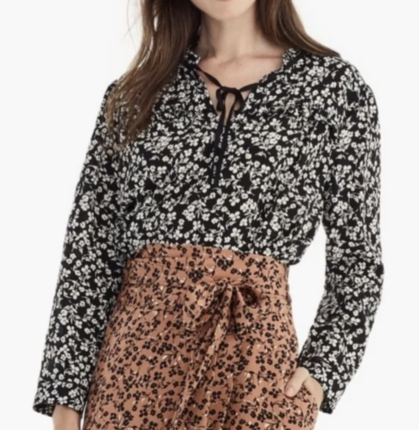 J Crew Point Sur Black White Blossom Floral Tie Neck Silk Blouse Top Size XS