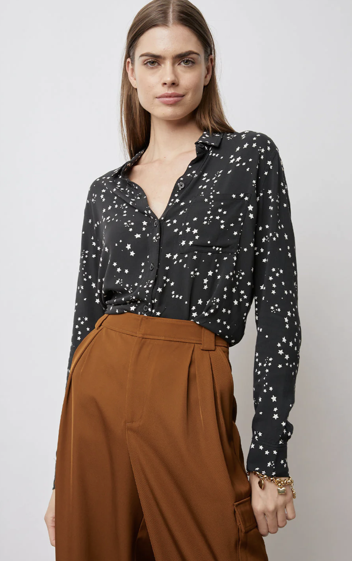 Rails Rocsi Constellation Star Print Button Front Shirt Blouse Size S Gray White