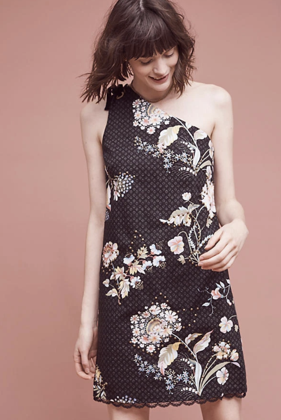 Maeve Anthropologie Ashbury Black Floral One Shoulder Shift Dress Size 8 Bow