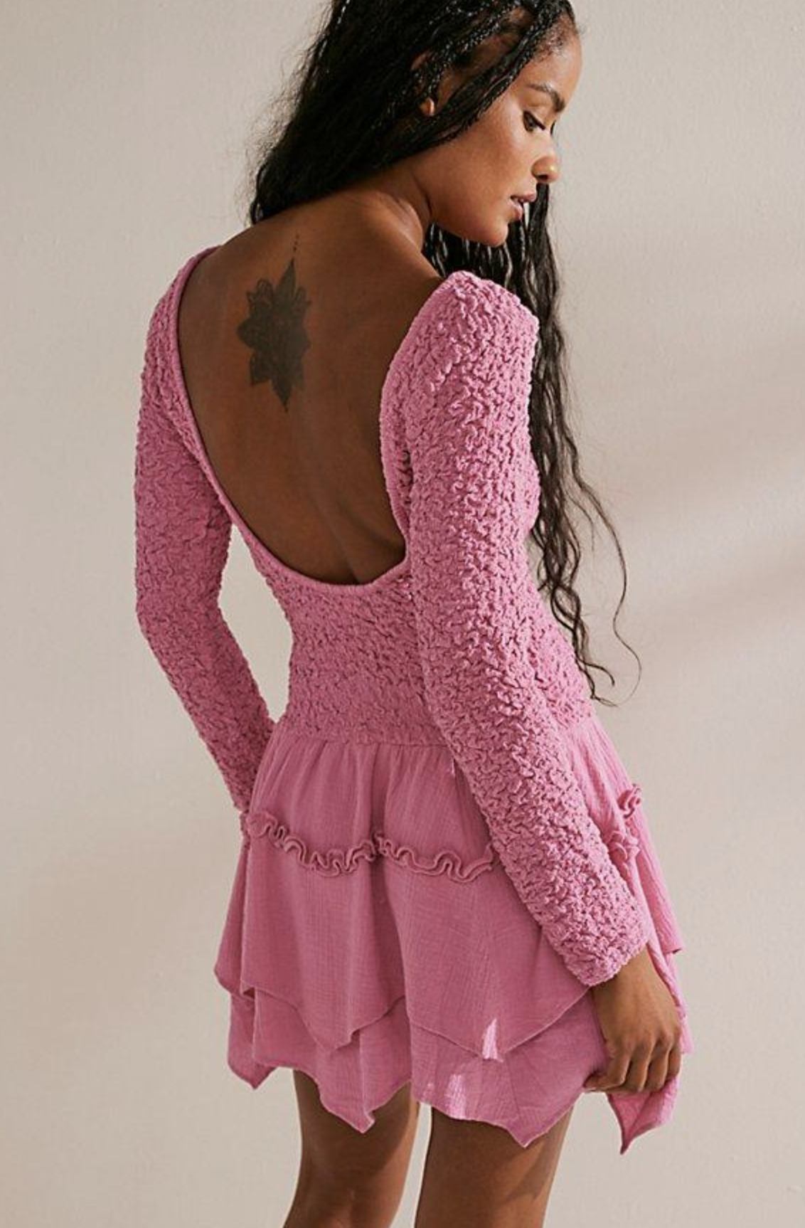 Free People What a Time Pink Textured Drop Waist Open Back Asymmetric Dress Sz S