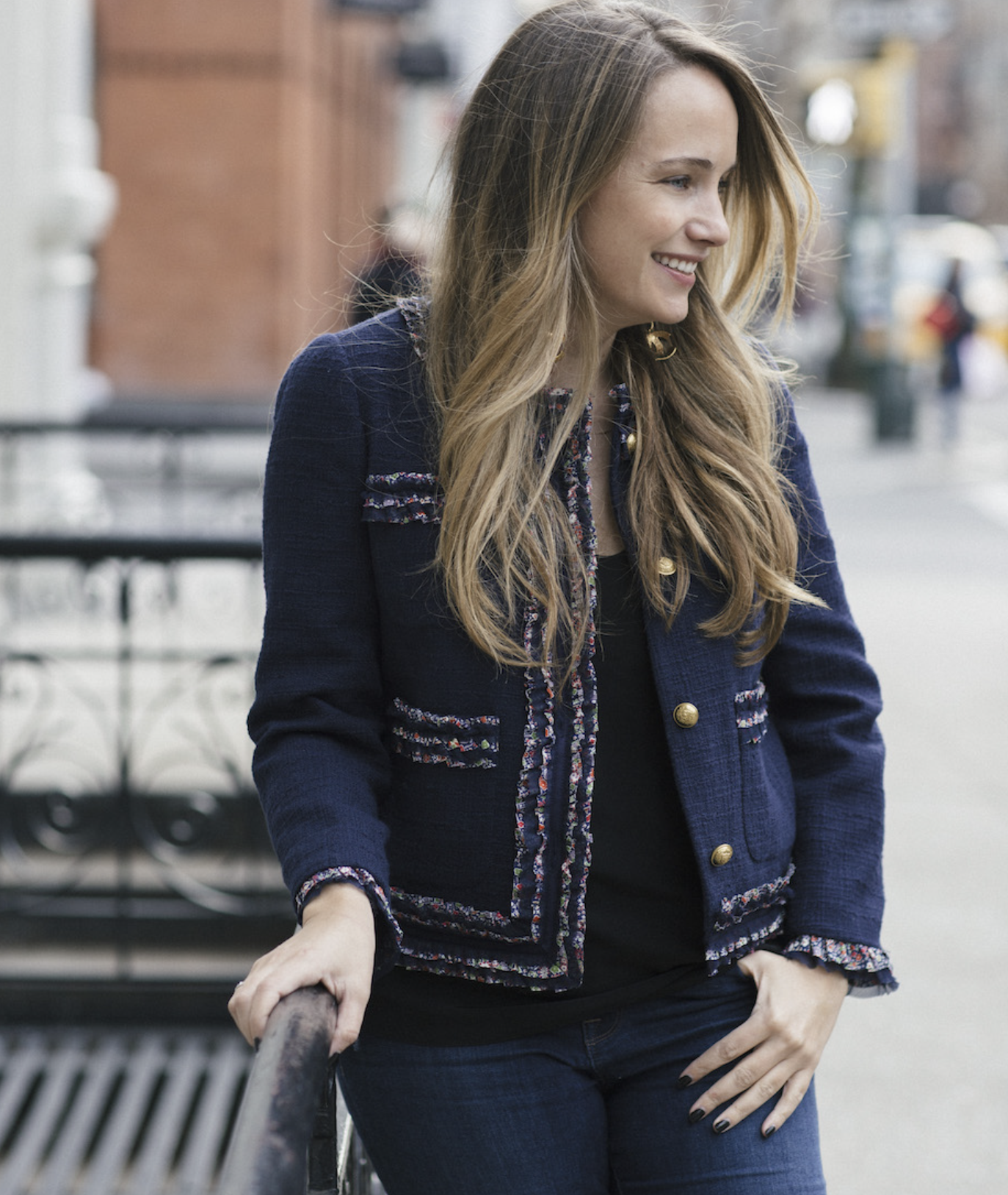J Crew Navy Blue Tweed Lady Jacket Blazer Liberty London Ruffle Floral Trim 00