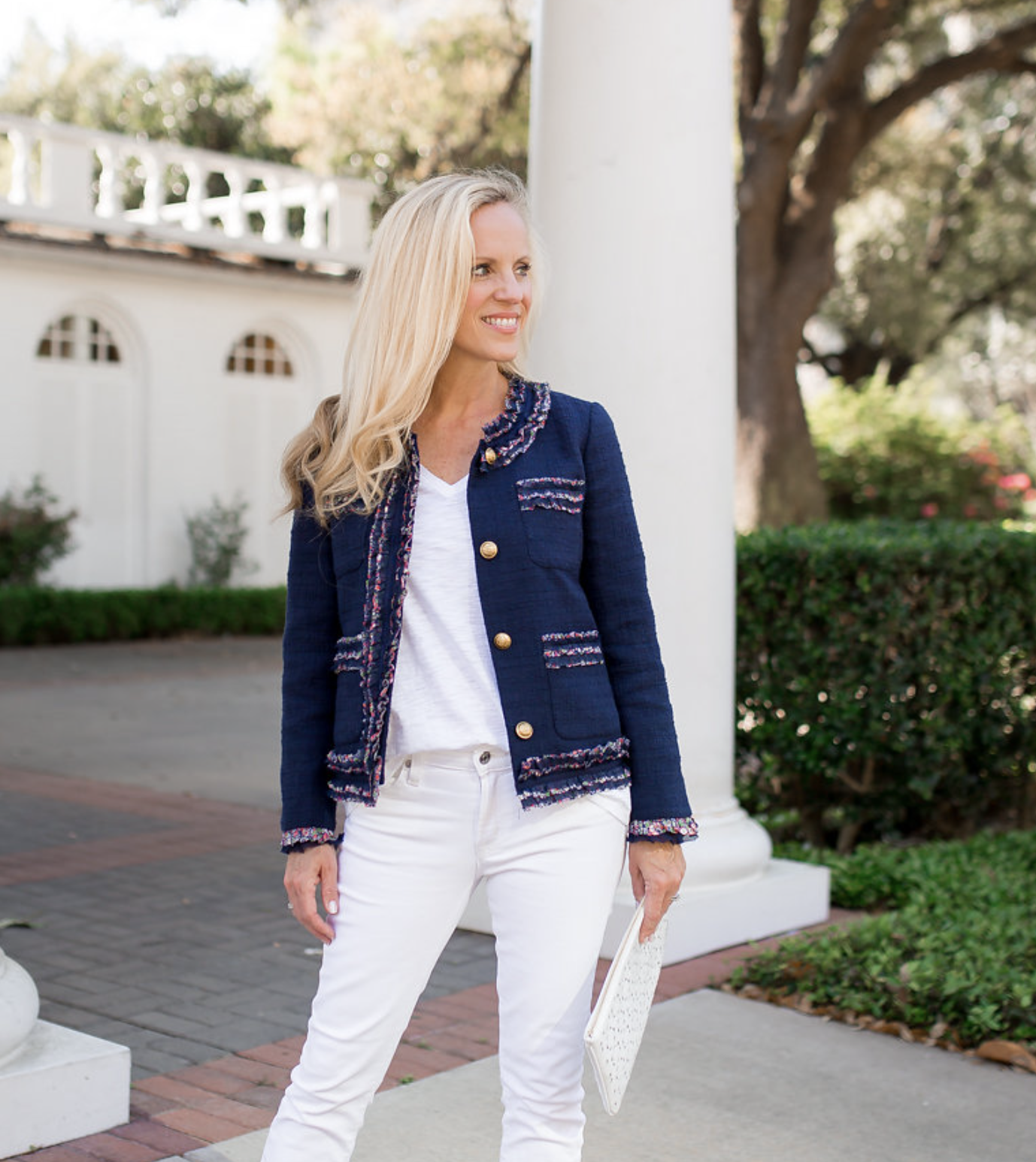 J Crew Navy Blue Tweed Lady Jacket Blazer Liberty London Ruffle Floral Trim 00