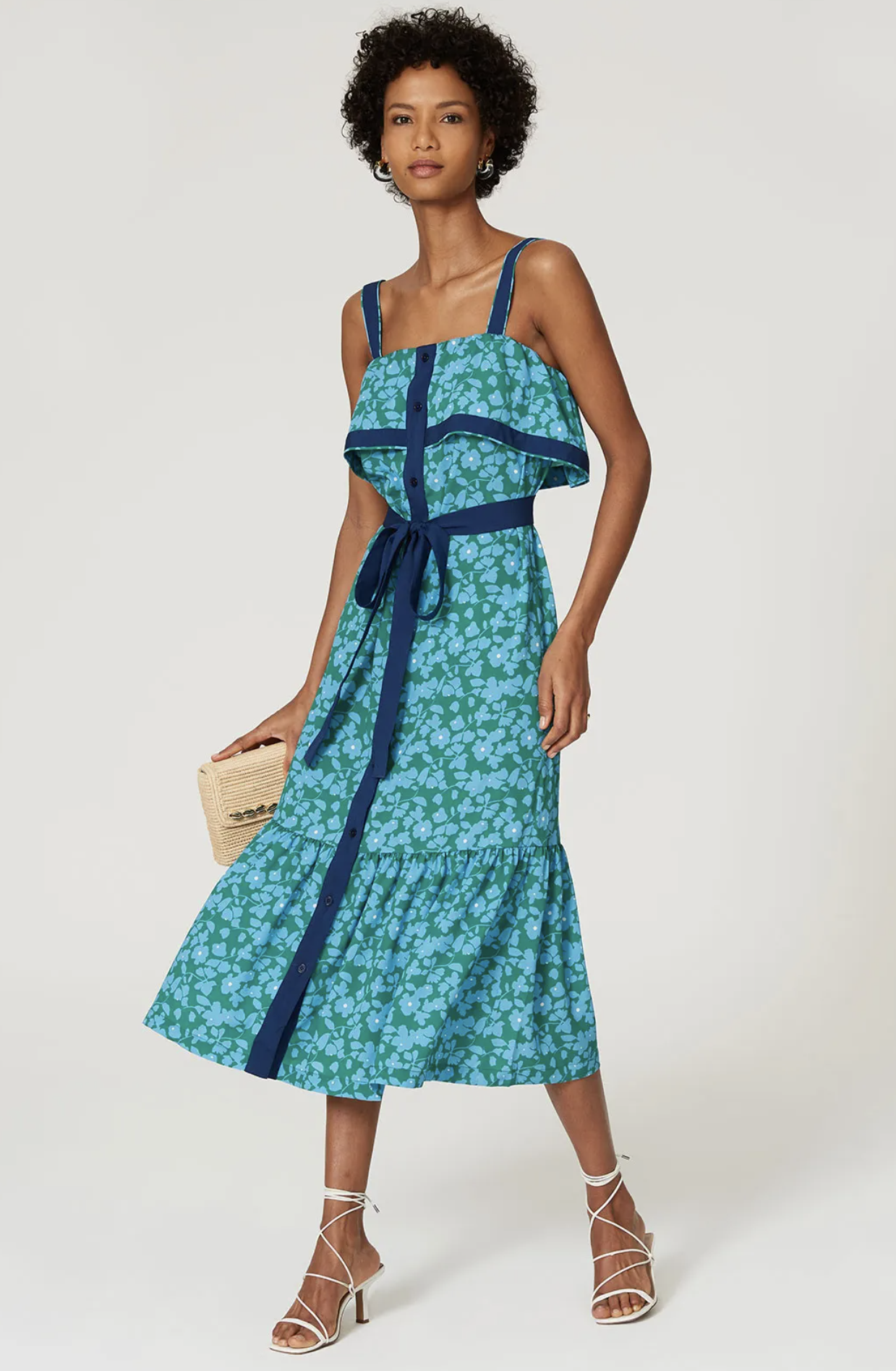 Derek Lam Blue Green Floral Ruffle Popover Casual Midi Dress Size 36 Summer