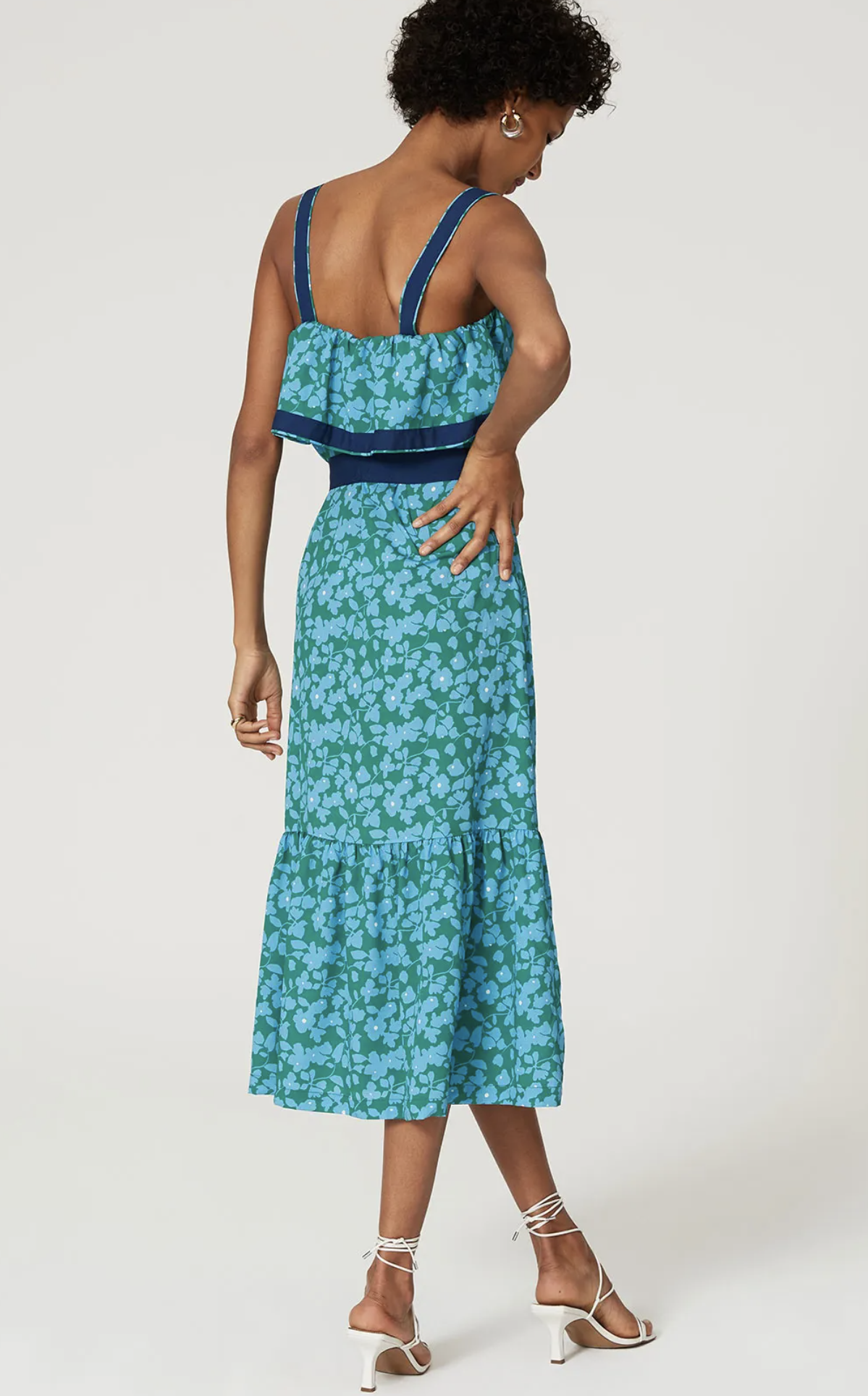 Derek Lam Blue Green Floral Ruffle Popover Casual Midi Dress Size 36 Summer