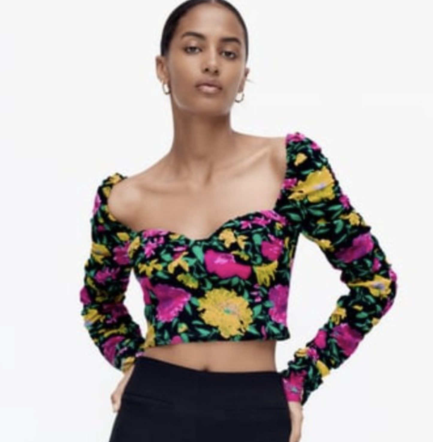Zara Black Colorful Floral Sweetheart Bustier Style Crop Top Sz L Ruched Sleeve
