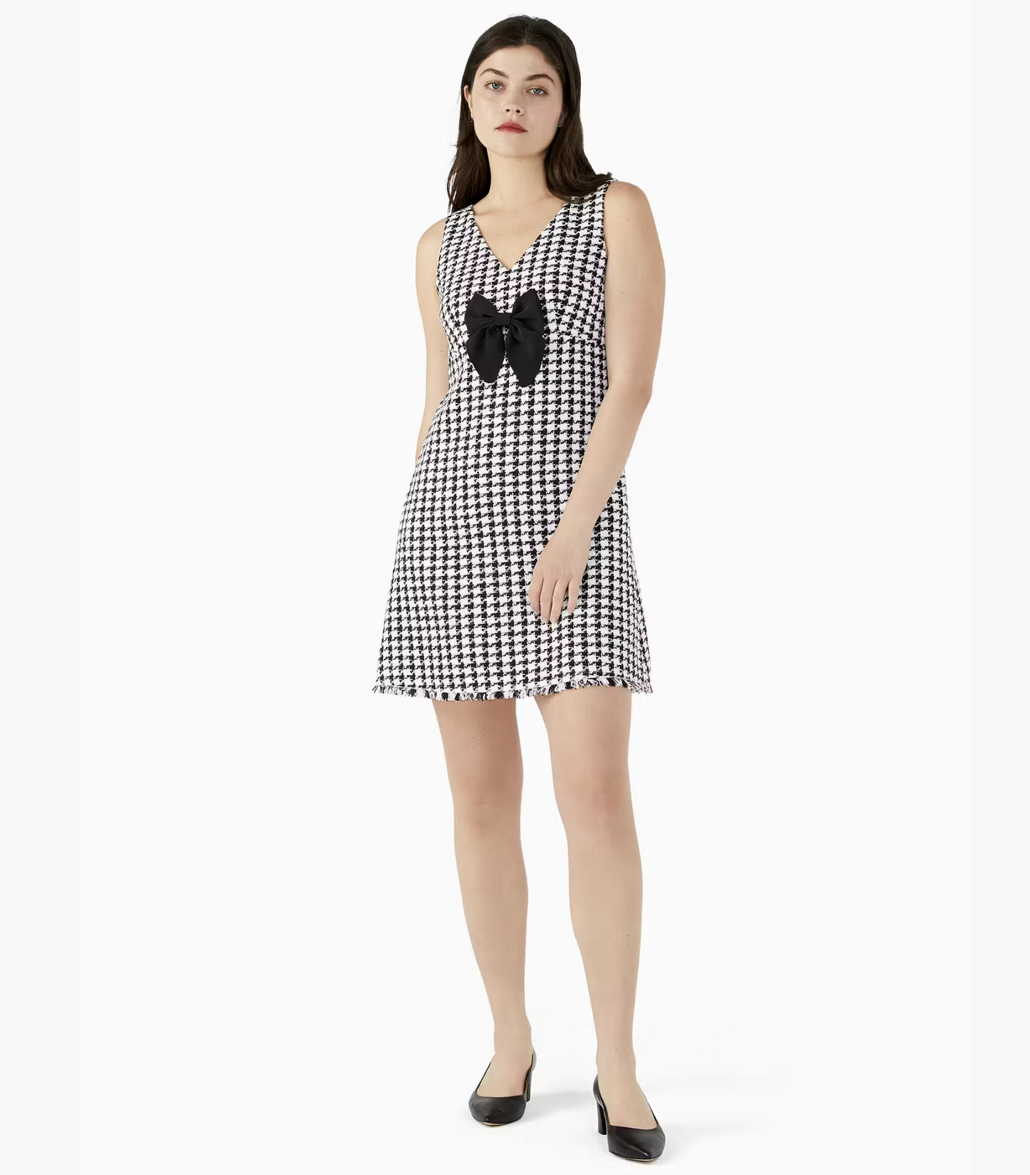Kate Spade Black White Houndstooth Tweed Fringe Bow A Line Mini Dress Size 12
