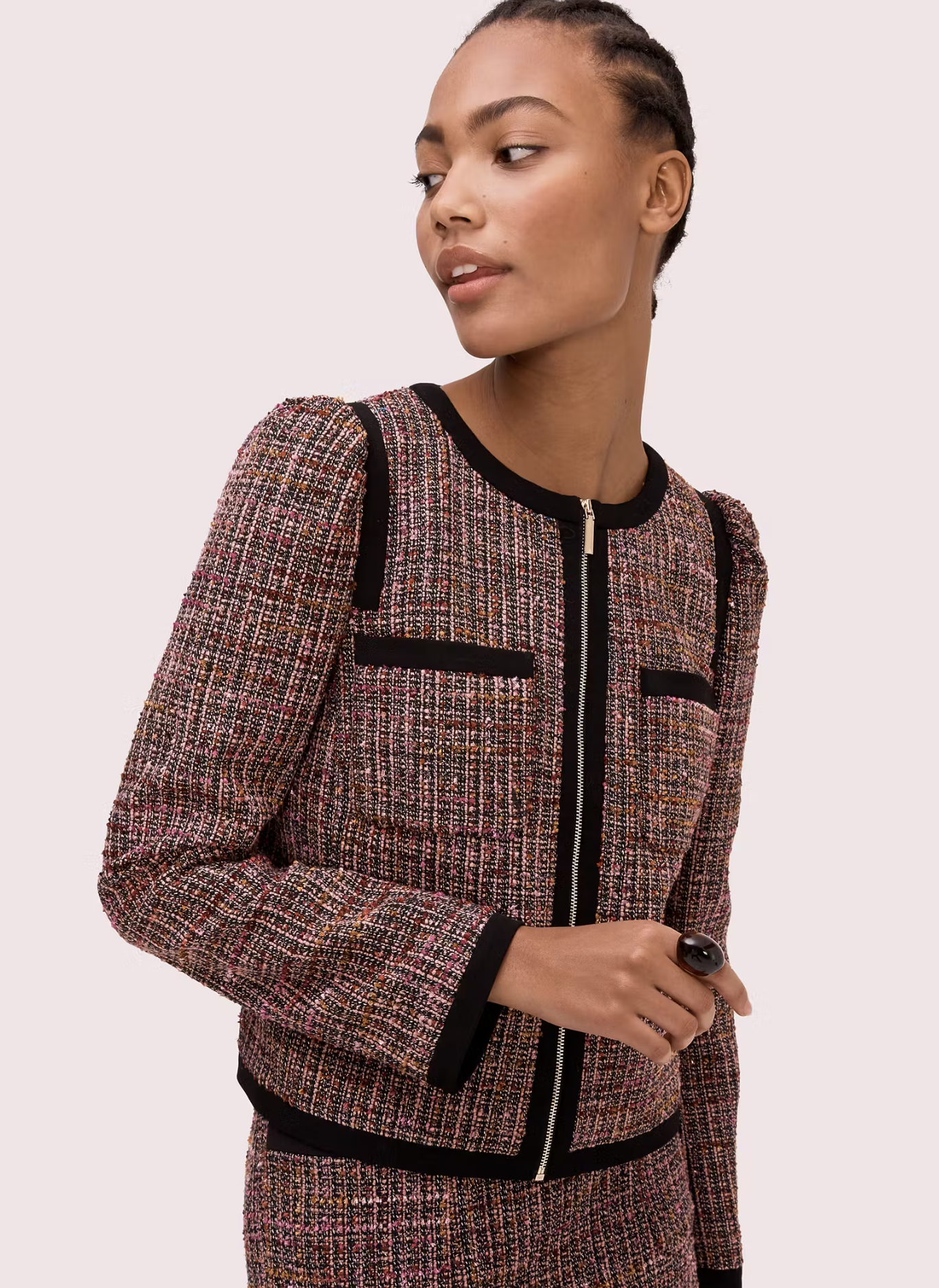 Kate Spade Tweed Puff Sleeve Blazer Jacket & Skirt Suit Set Size 00 Pink Black