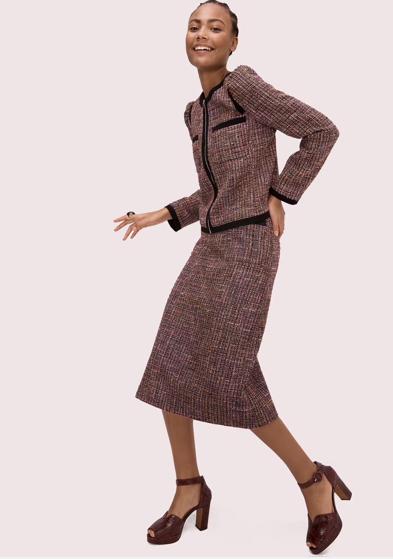 Kate Spade Tweed Puff Sleeve Blazer Jacket & Skirt Suit Set Size 00 Pink Black