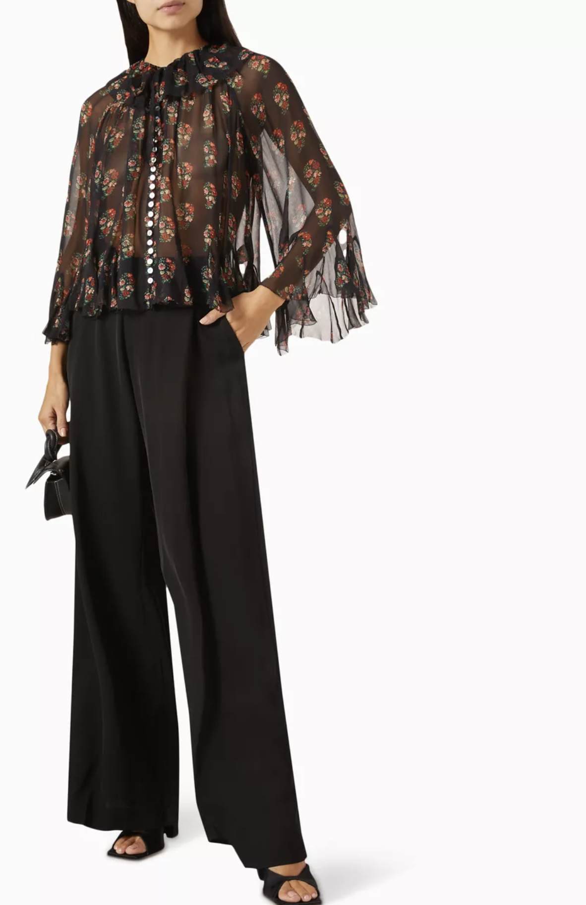 Doen Kahira Black Floral Sheer Silk Georgette Button Front Ruffle Top Blouse M