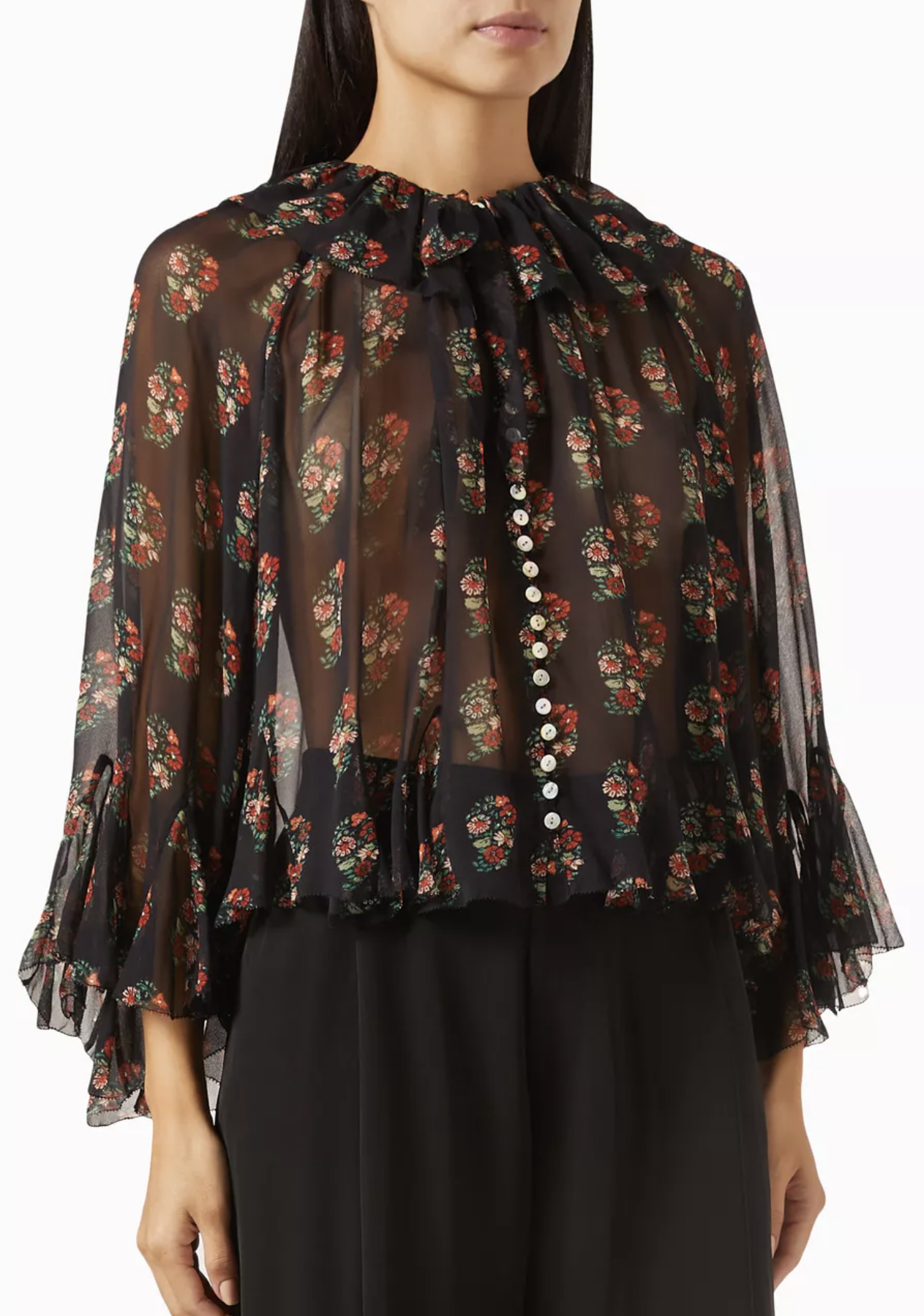 Doen Kahira Black Floral Sheer Silk Georgette Button Front Ruffle Top Blouse M