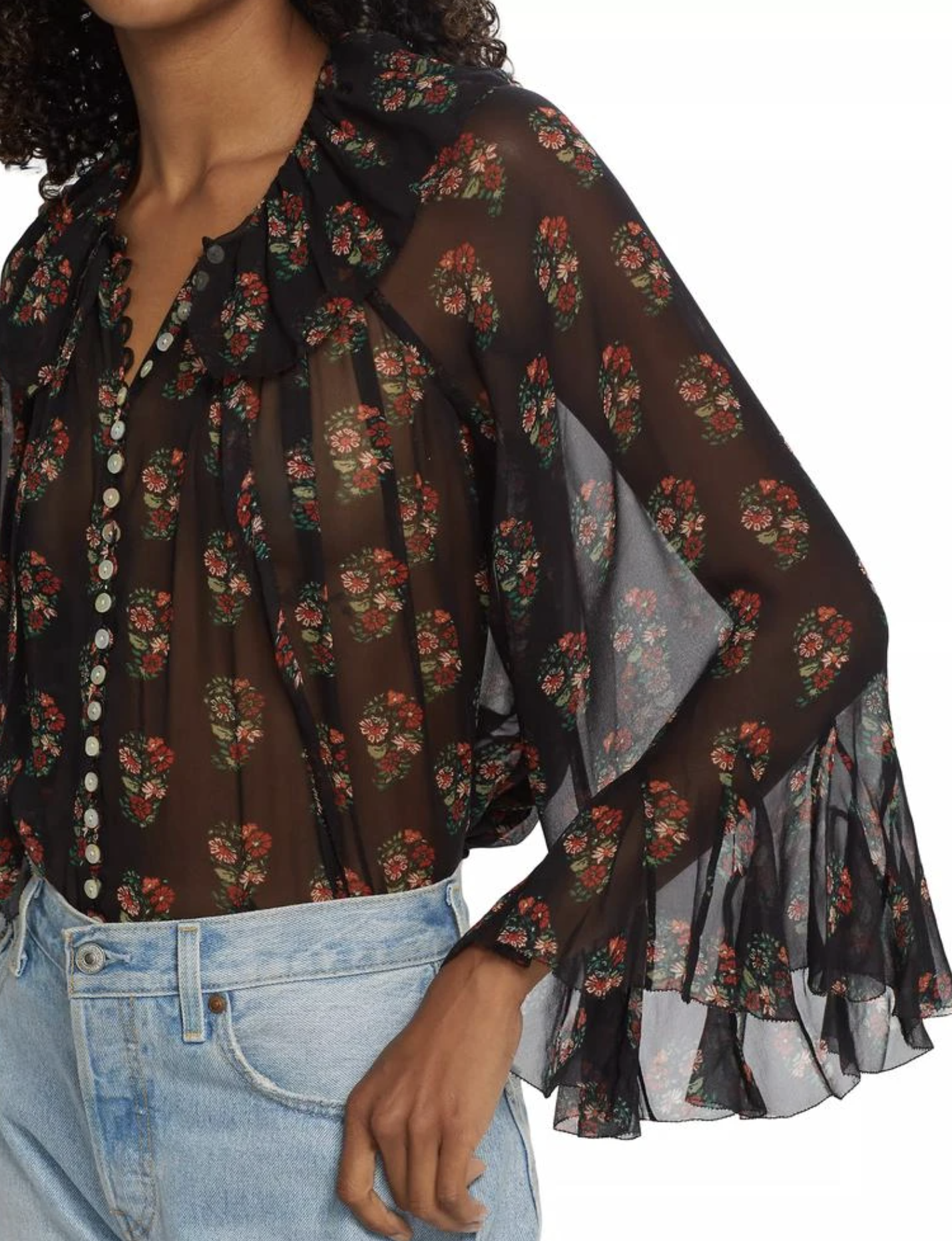 Doen Kahira Black Floral Sheer Silk Georgette Button Front Ruffle Top Blouse M