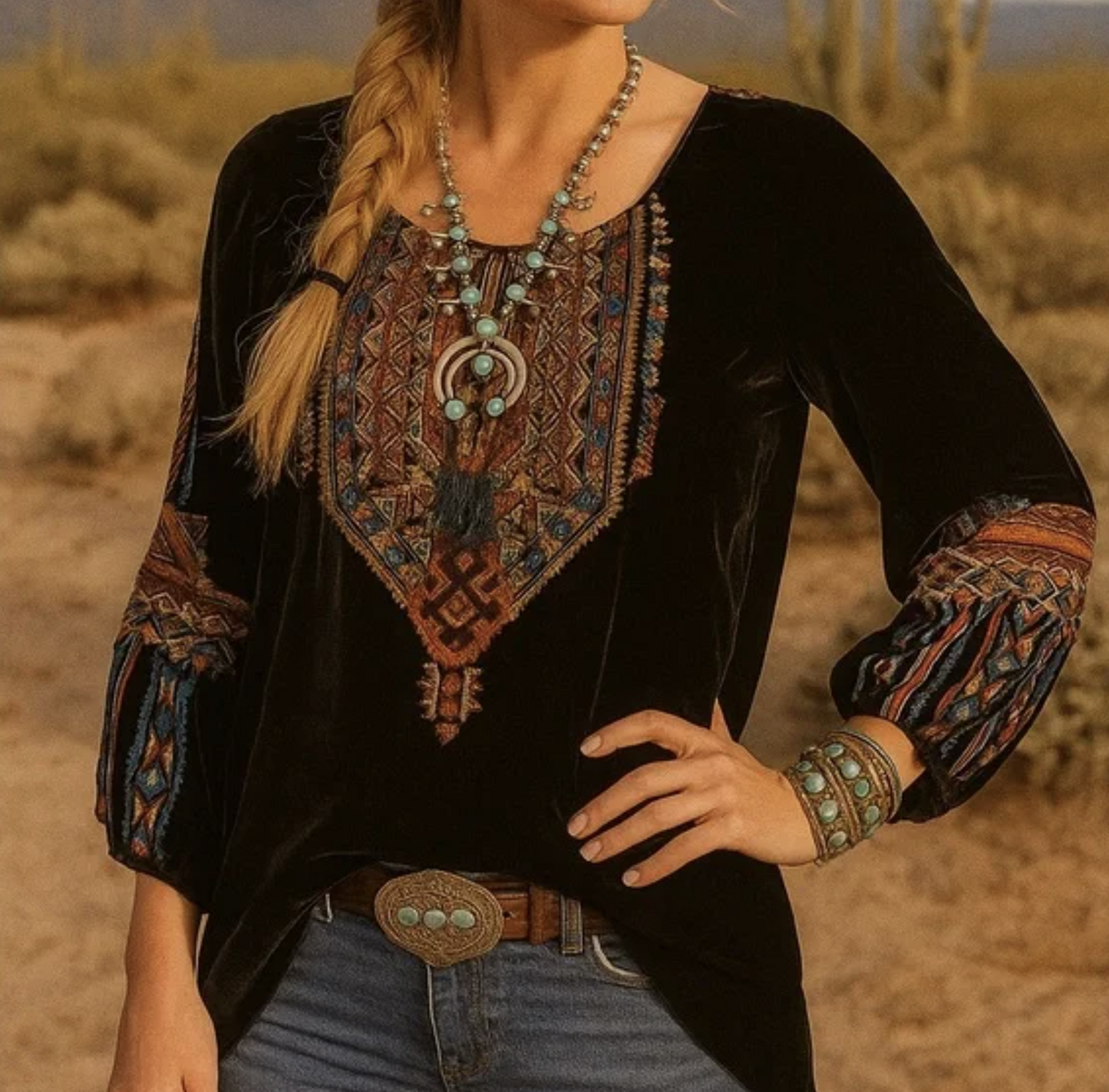 Johnny Was Naomi Black Velvet Embroidered Peasant Top Blouse Size 1X Tie Neck