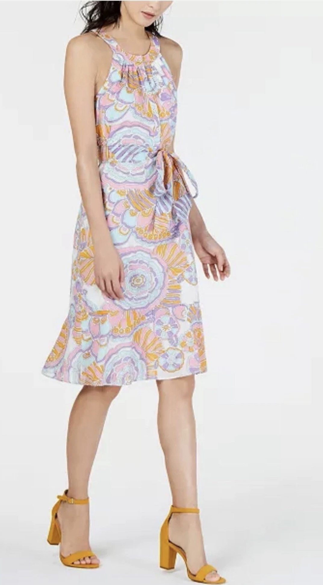 Trina Turk Coral Cables Floral Halter Racerback Tie Waist Dress Size S Summer