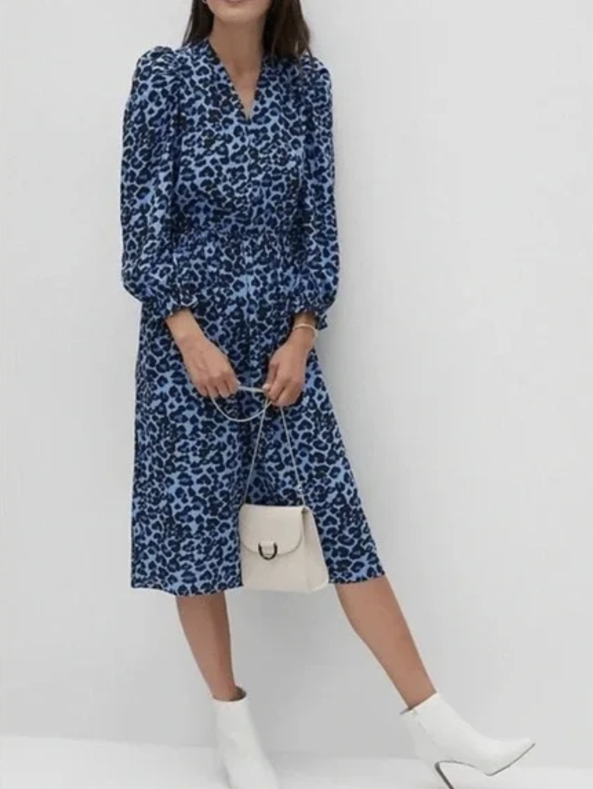 NWT Banana Republic Blue Black Leopard Print Puff Sleeve Midi Dress Size M