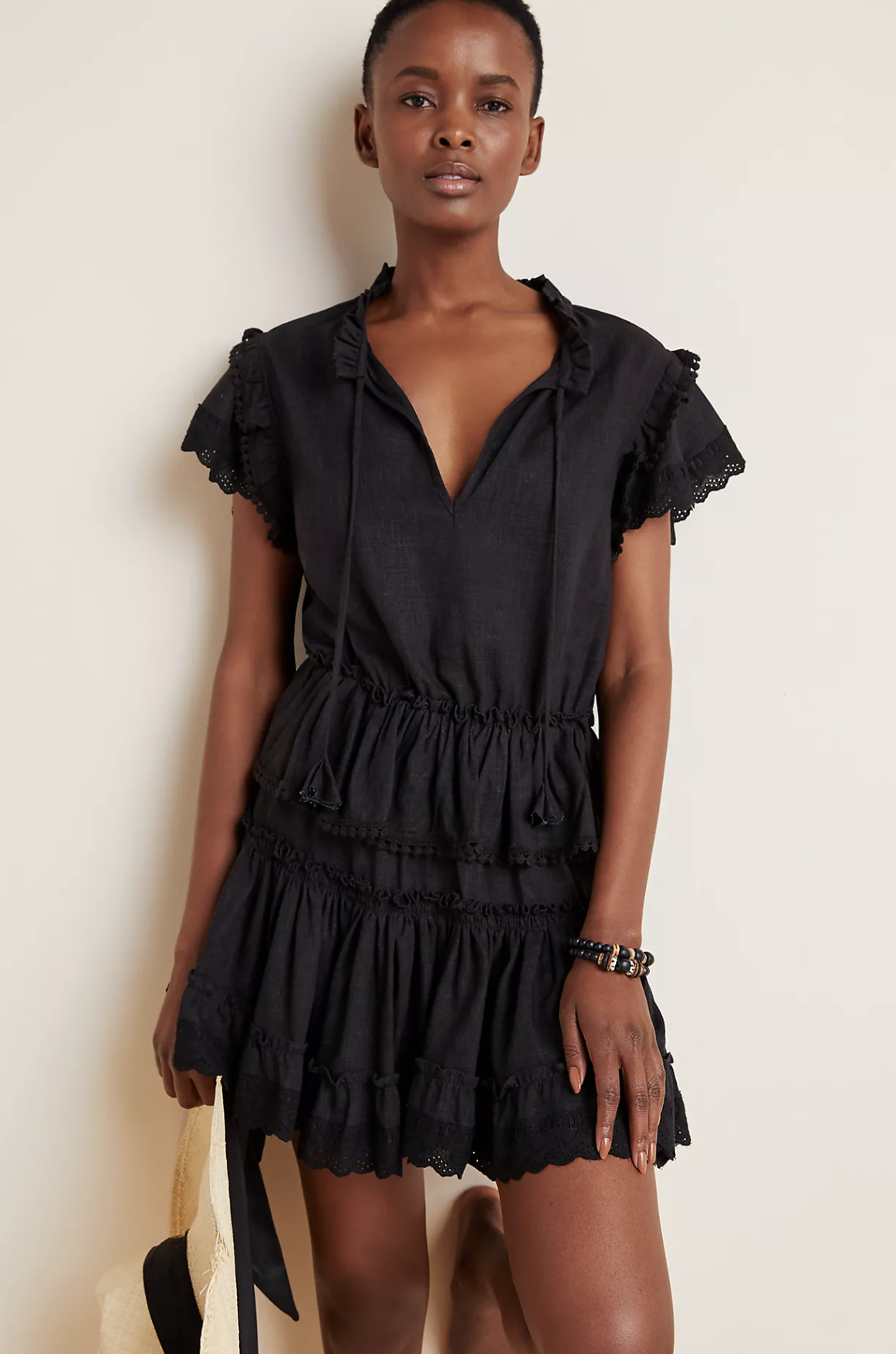 Misa Los Angeles Black Ruffle Tiered Tie Neck Dress Size M Linen Blend Smocked