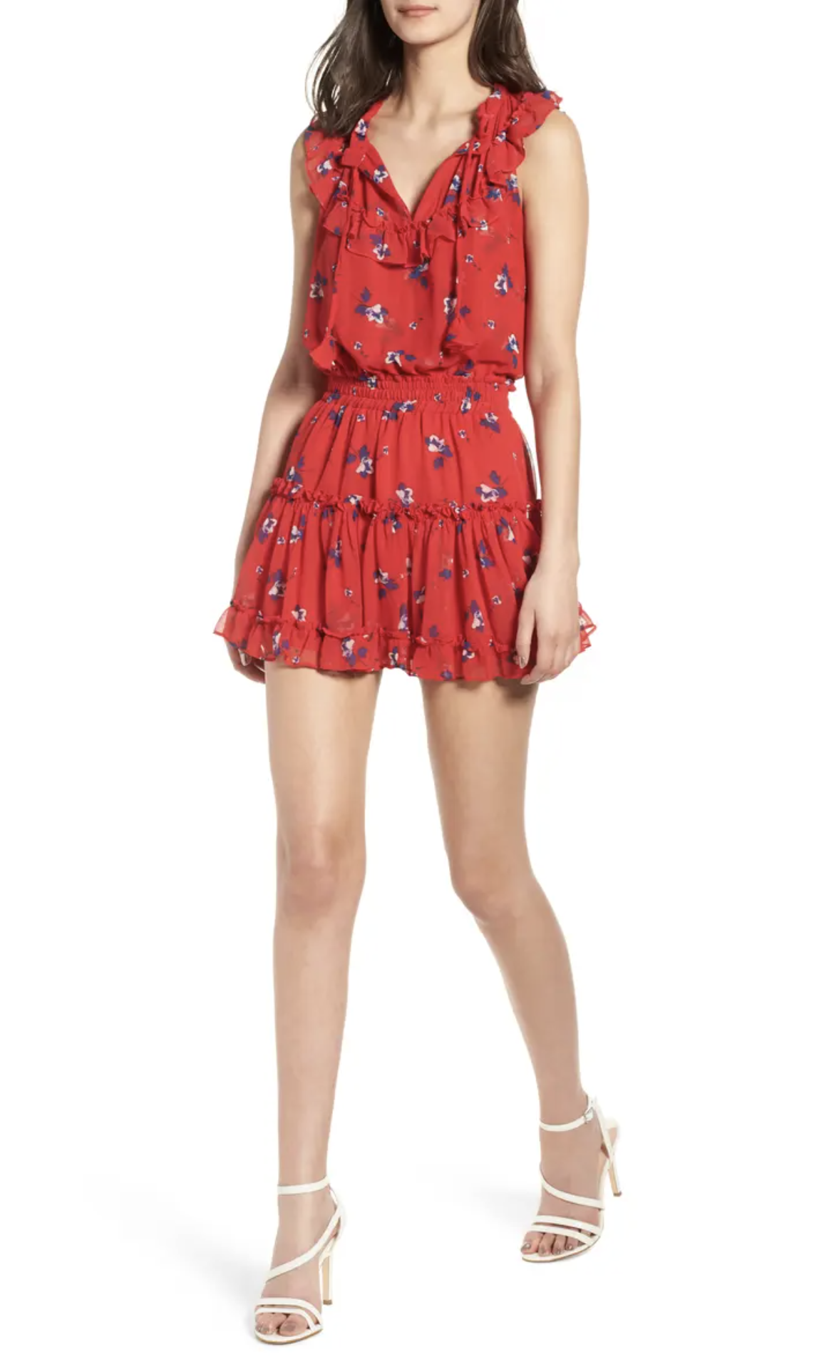 Misa Los Angeles Milaya Red Blue Floral Ruffle Tiered Tie Neck Mini Dress Size M