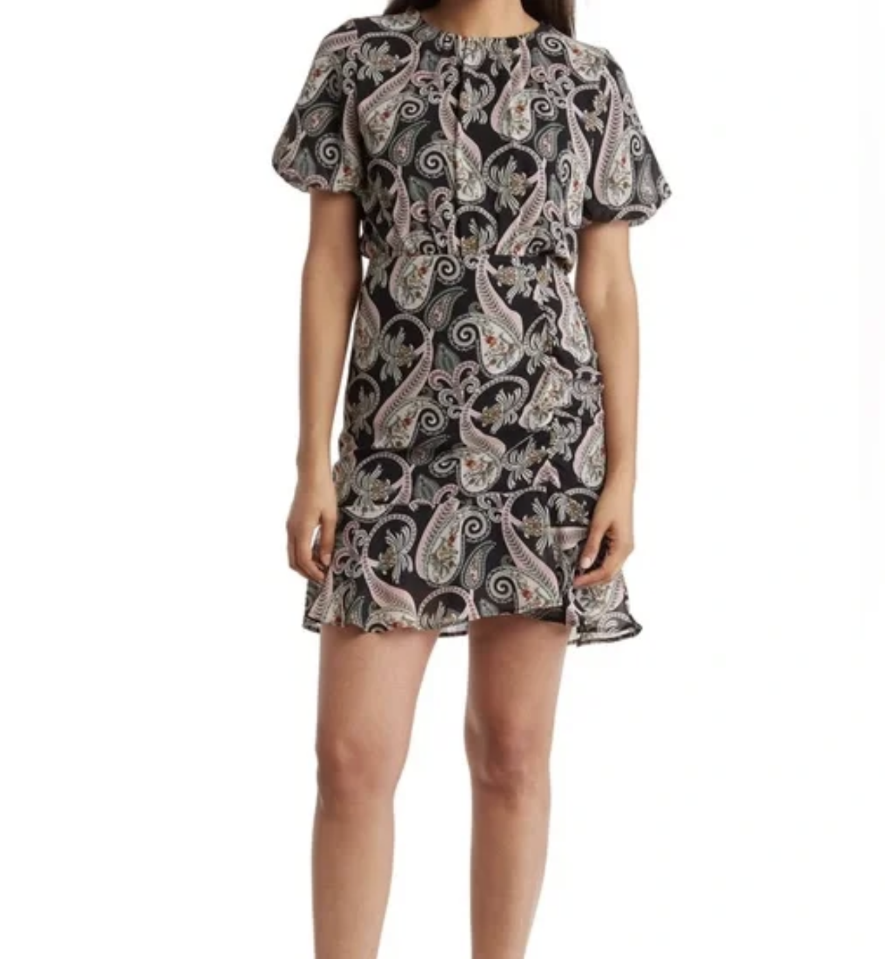 Sam Edelman Black Floral Paisley Print Puff Sleeve Ruched Dress Size 12 Sheath