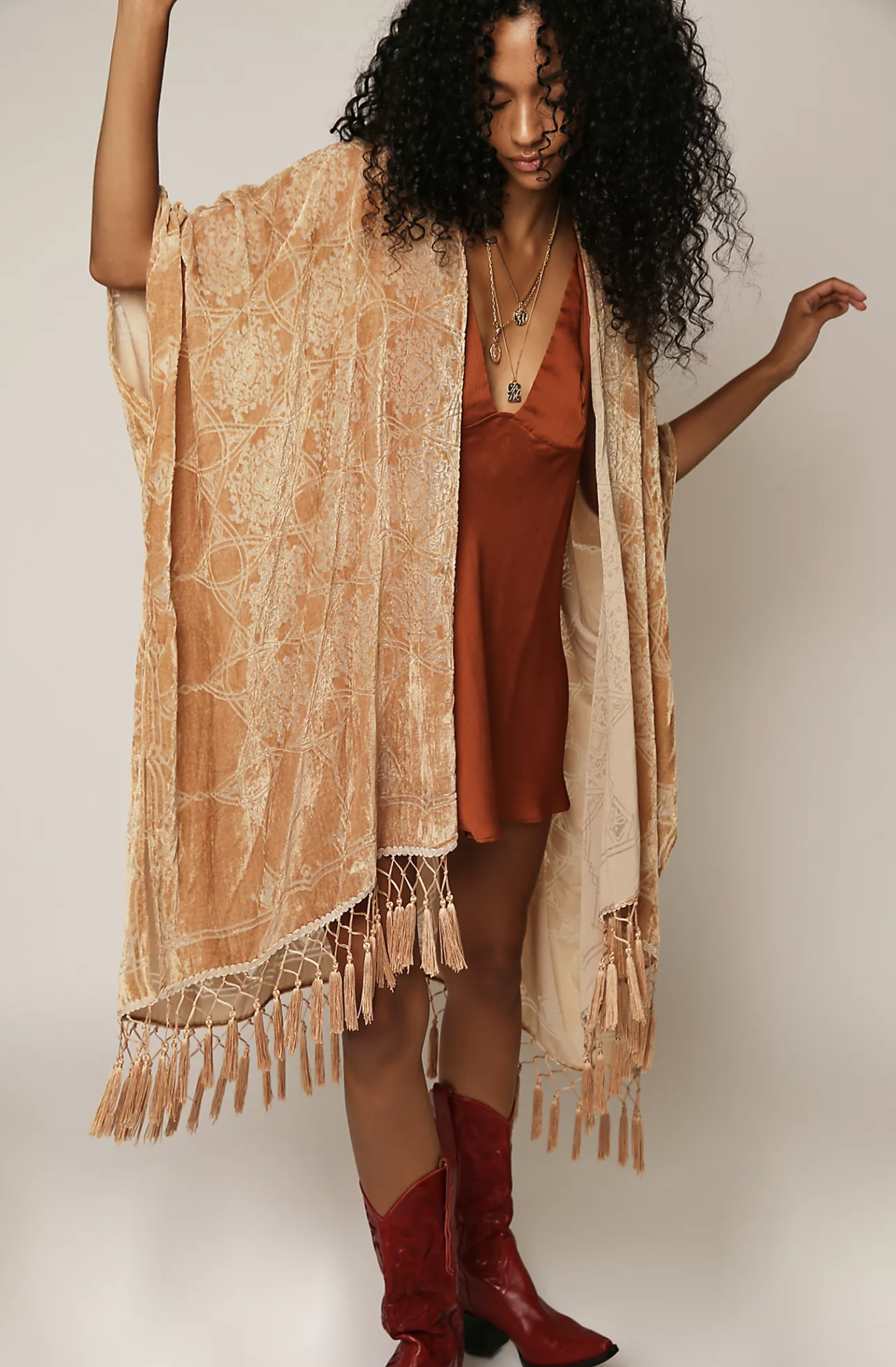 NWT Free People Kaleidoscope Velvet Burnout Fringe Kimono Duster One Size Taupe