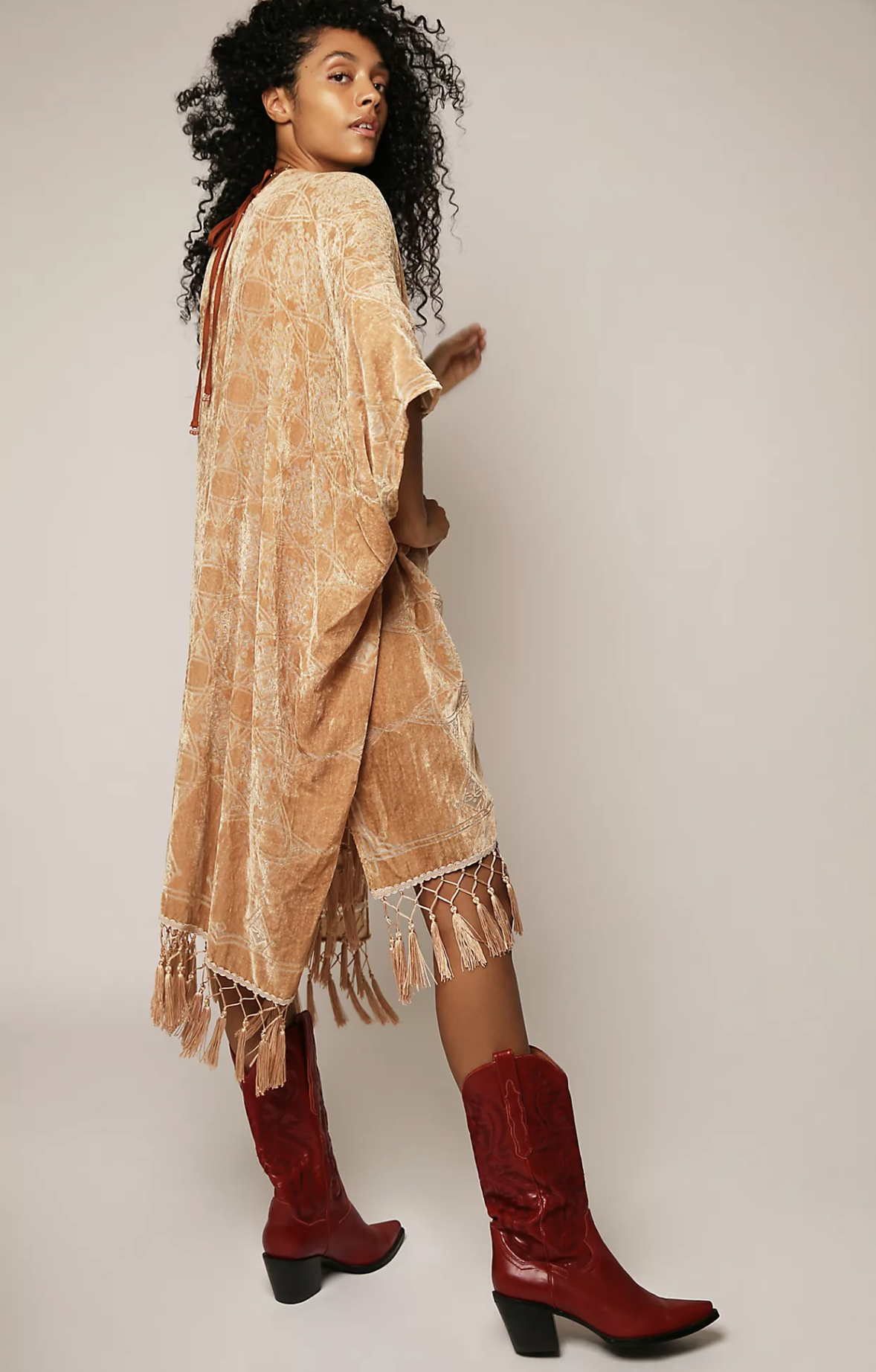 NWT Free People Kaleidoscope Velvet Burnout Fringe Kimono Duster One Size Taupe