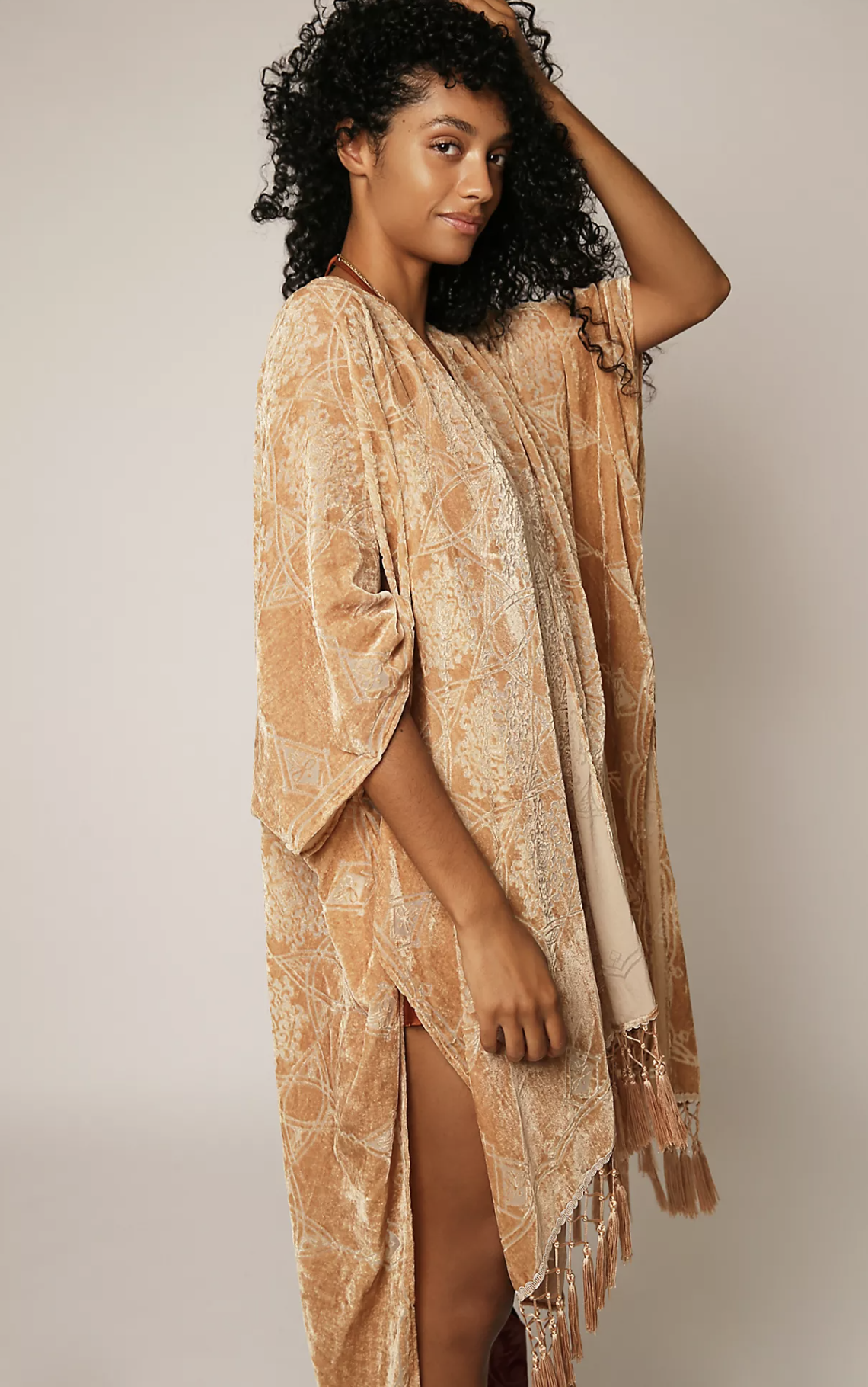 NWT Free People Kaleidoscope Velvet Burnout Fringe Kimono Duster One Size Taupe
