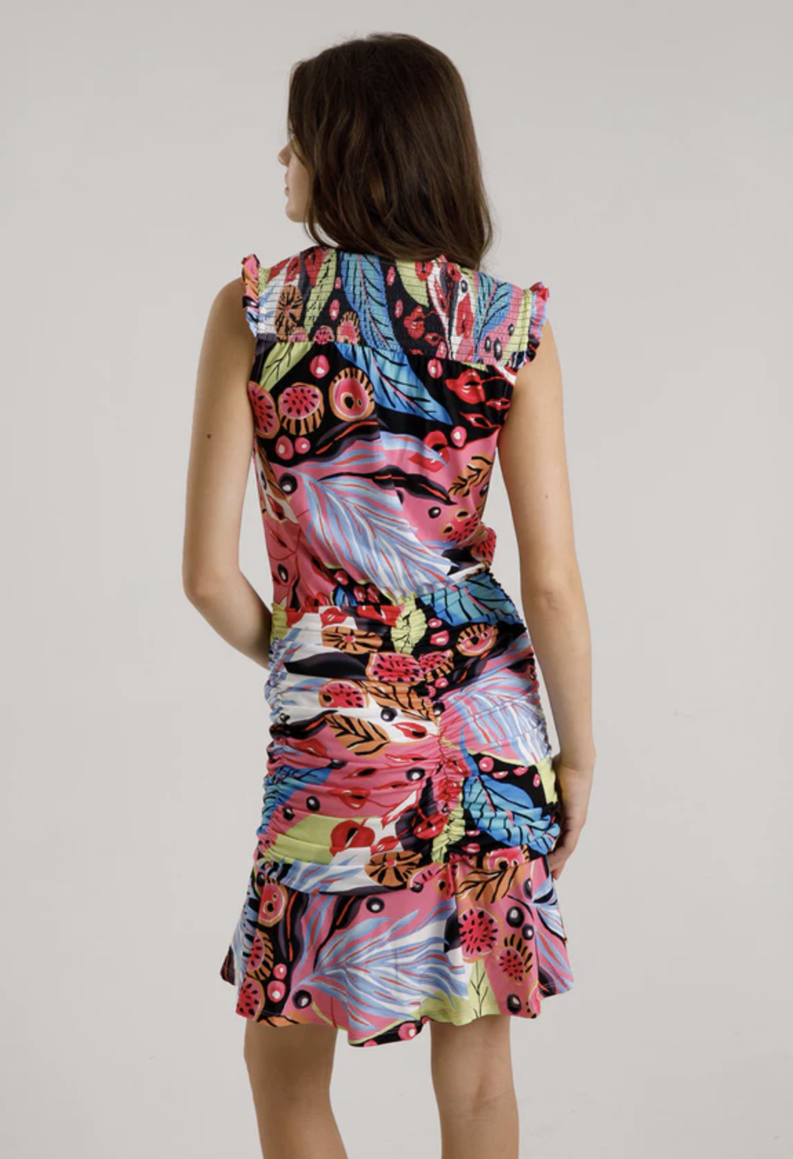 Hale Bob Colorful Floral Print Ruched Ruffle Flounce Hem Dress Size M V Neck