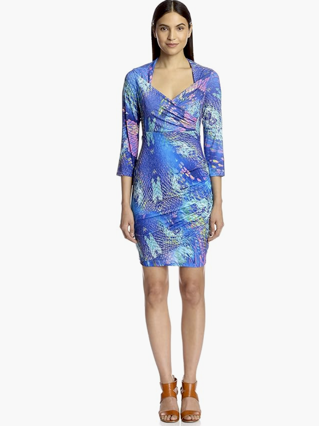 Hale Bob Blue Abstract Animal Print Ruched Faux Wrap V Neck Jersey Dress Size M