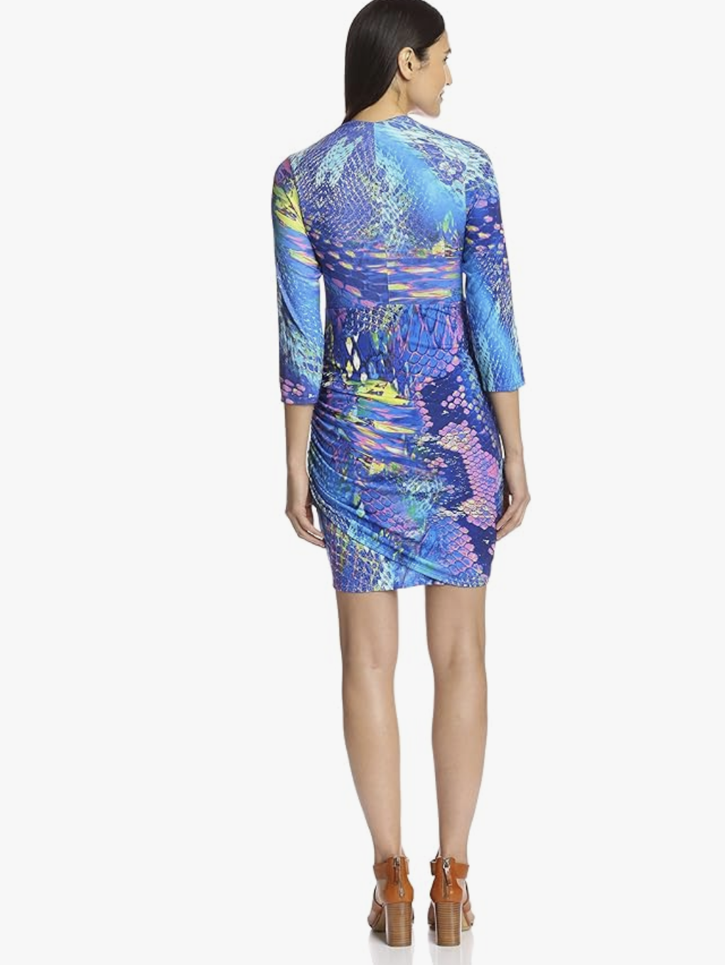 Hale Bob Blue Abstract Animal Print Ruched Faux Wrap V Neck Jersey Dress Size M
