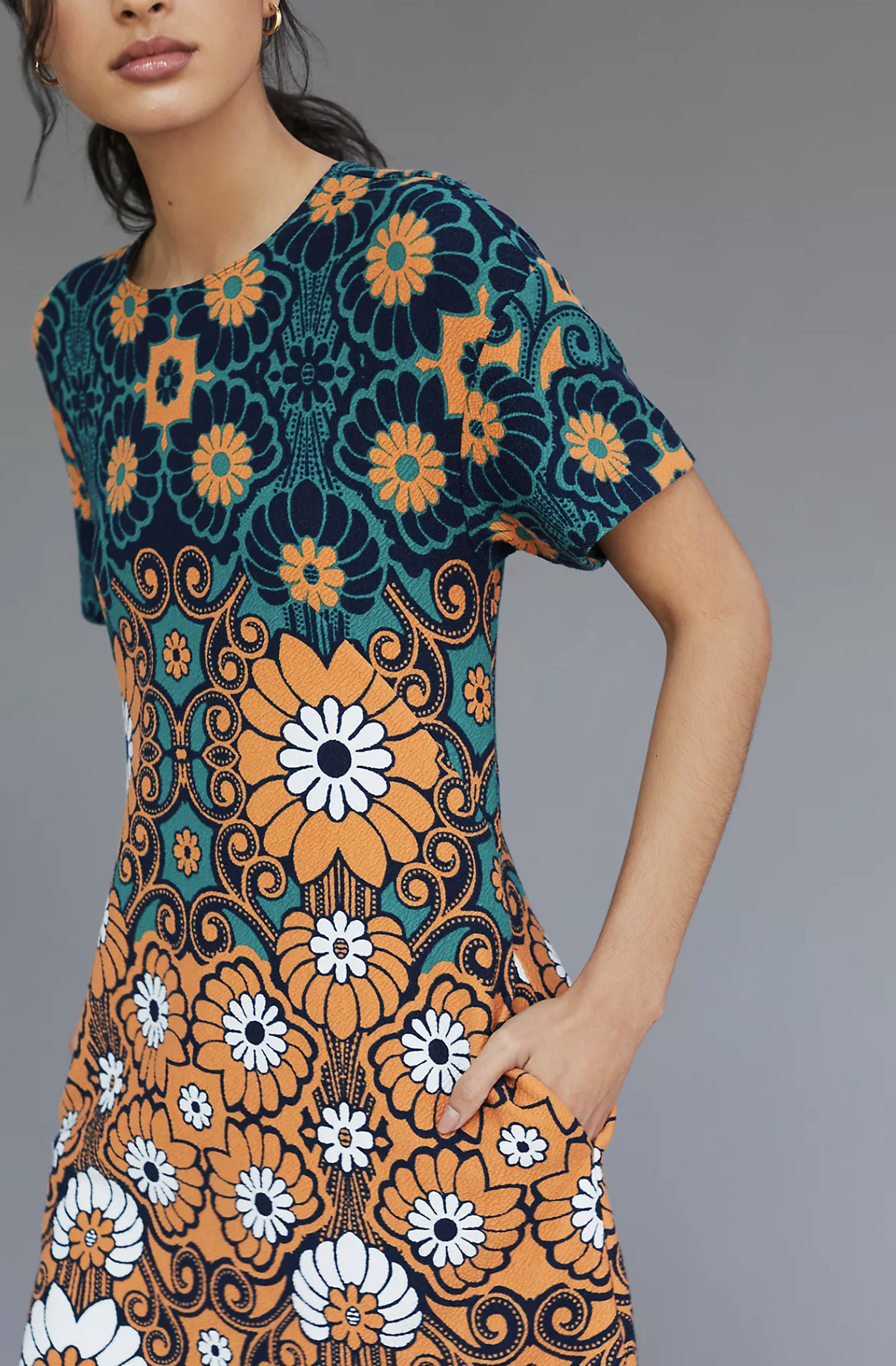 Maeve Anthropologie Retro Floral Mini Shift Dress Size M Orange Green Mod