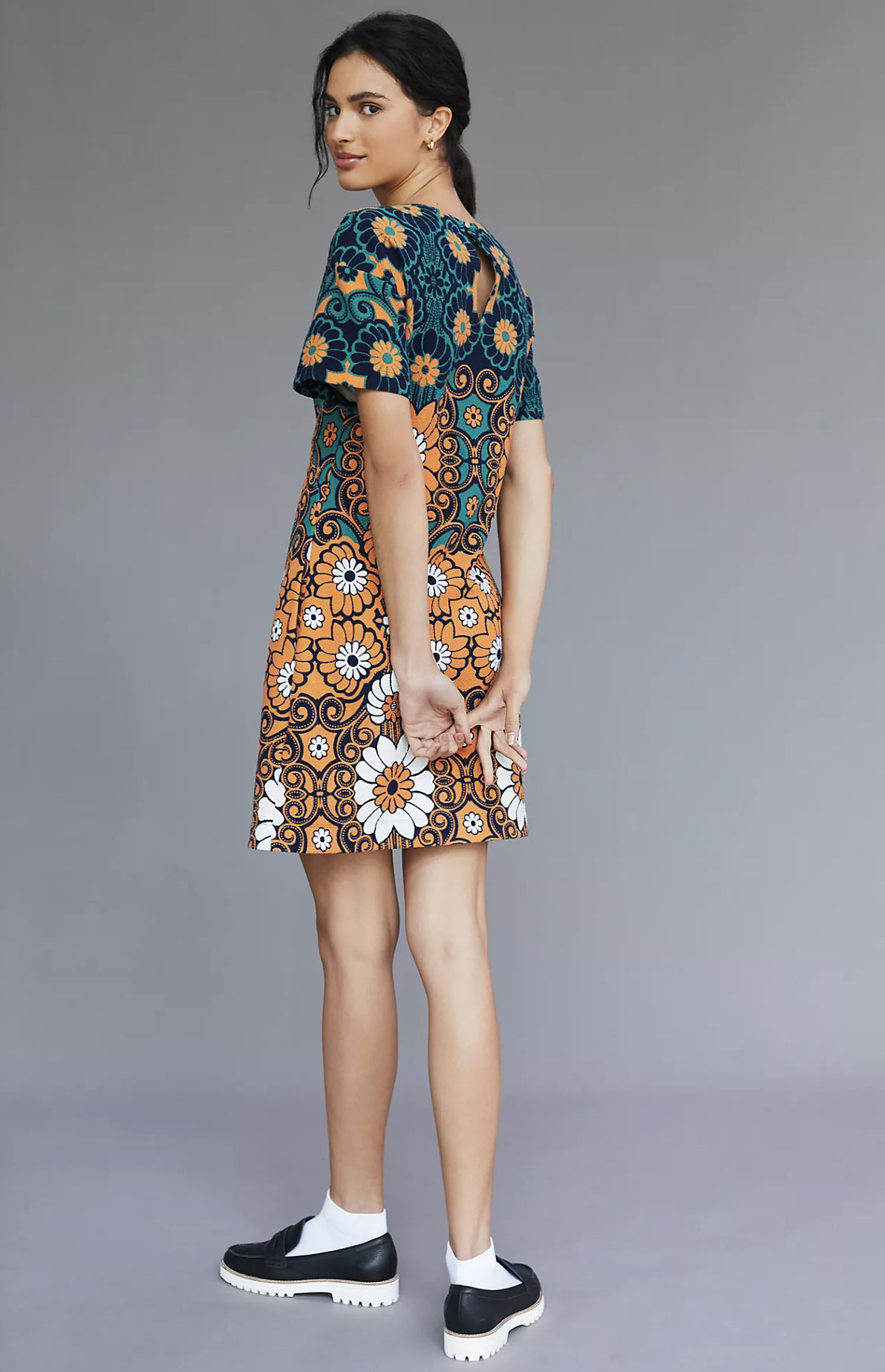 Maeve Anthropologie Retro Floral Mini Shift Dress Size M Orange Green Mod