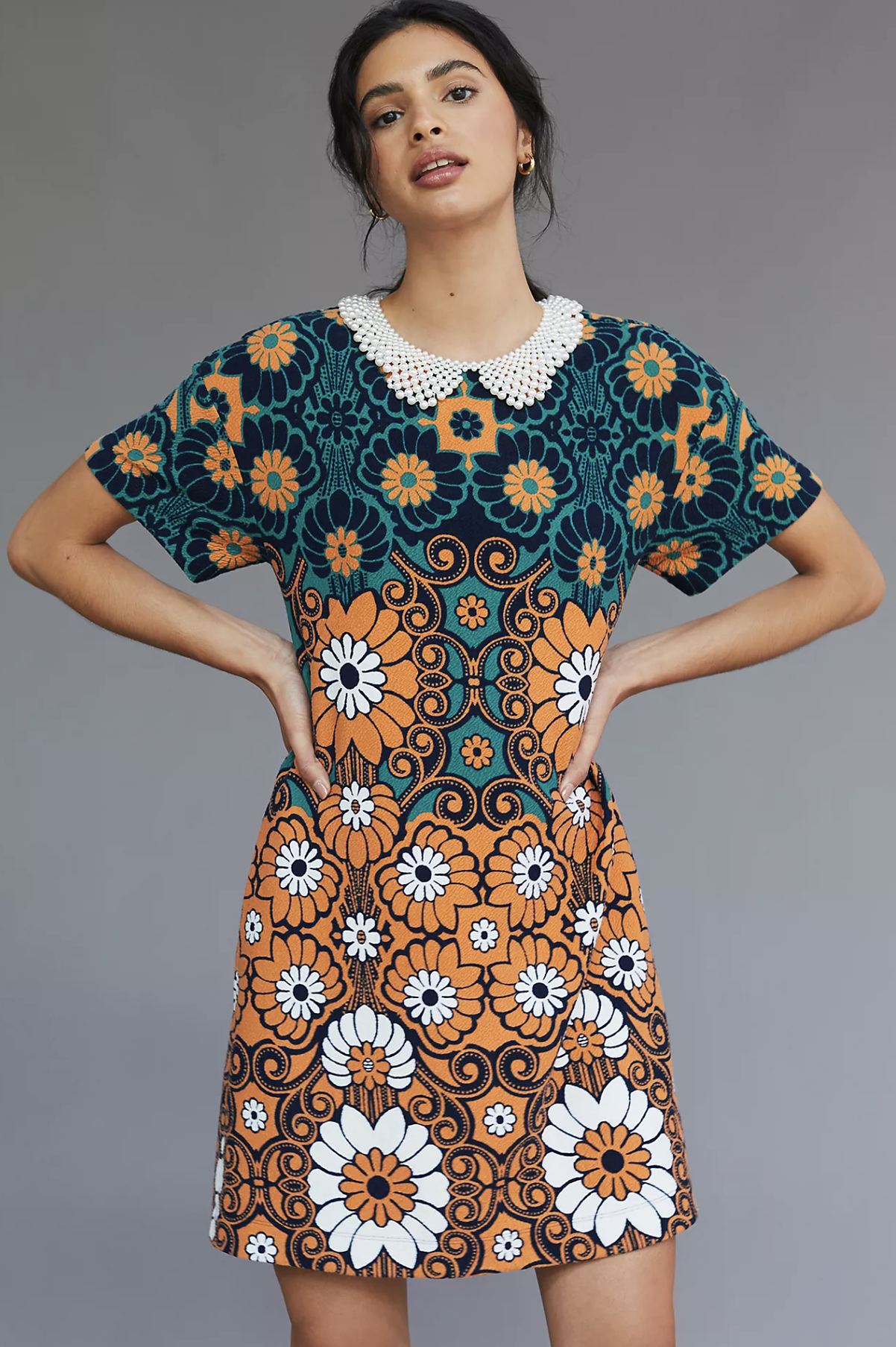 Maeve Anthropologie Retro Floral Mini Shift Dress Size M Orange Green Mod