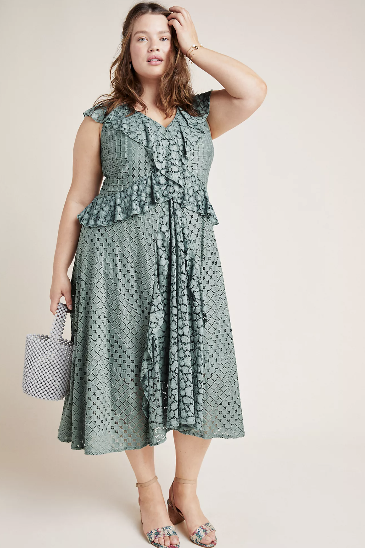 by Anthropologie Plus Antoinette Green Ruffle Crochet Lace Midi Dress Size 24W