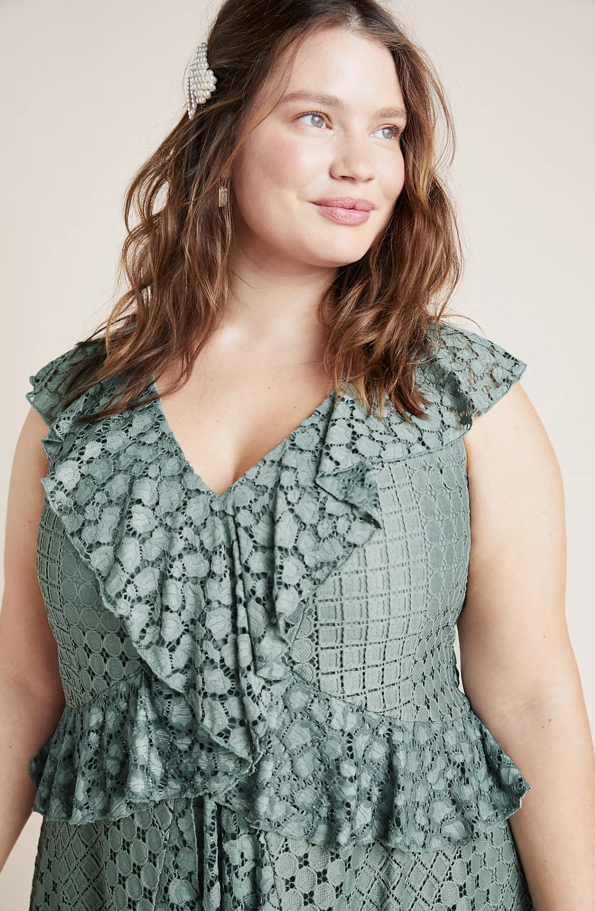 by Anthropologie Plus Antoinette Green Ruffle Crochet Lace Midi Dress Size 24W