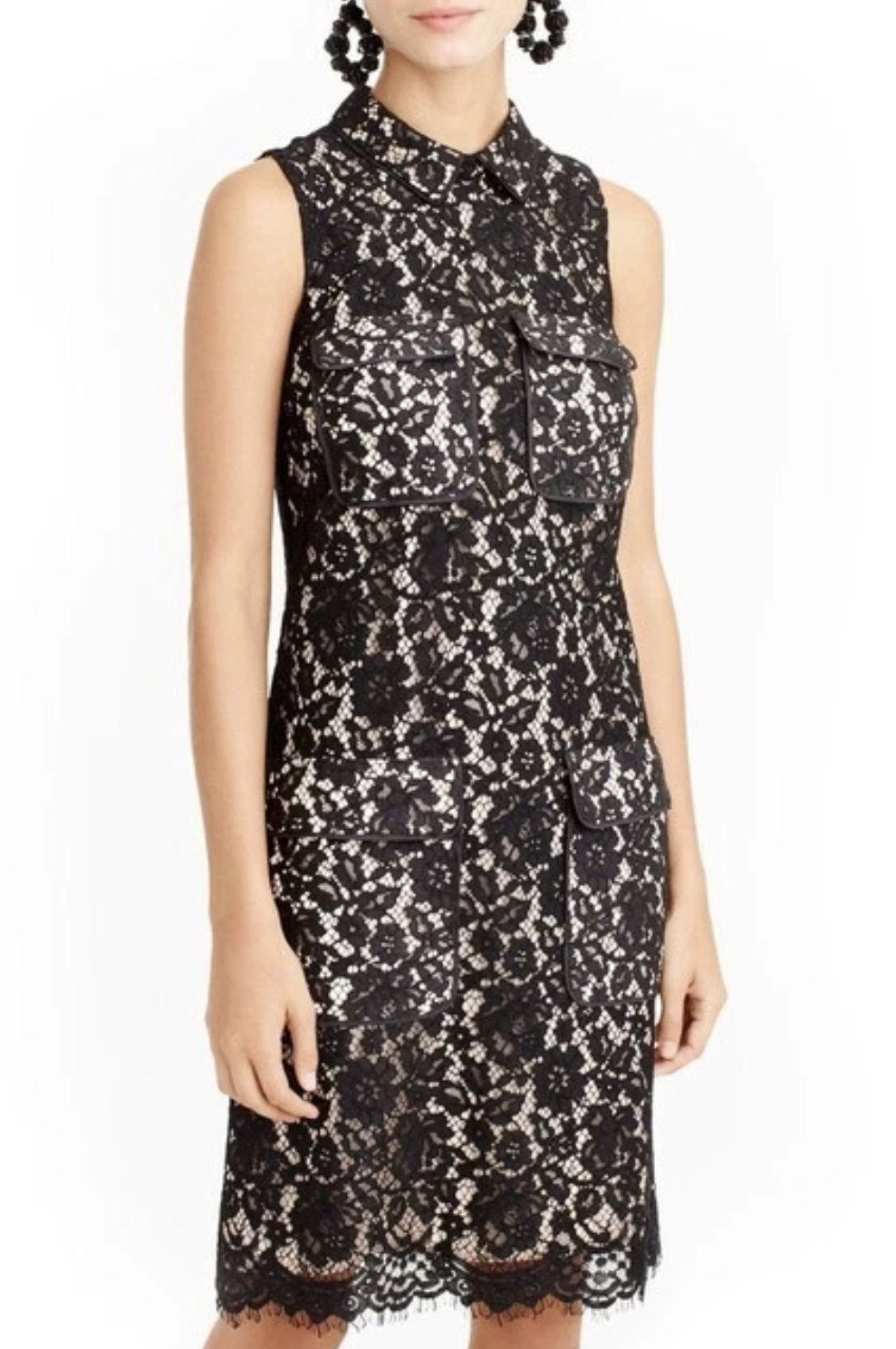 J Crew Black Lace Illusion Collar Pocket Accent Sheath Dress Size 4T 4 Tall